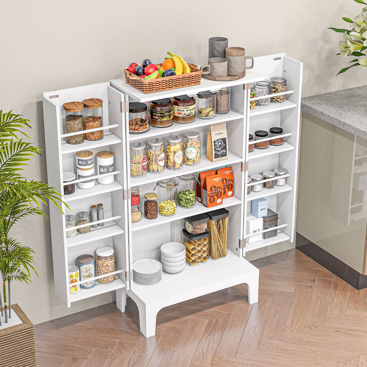 2-Door Kitchen Pantry Cabinet with 4-tier Shelving – 24"W x 44"H