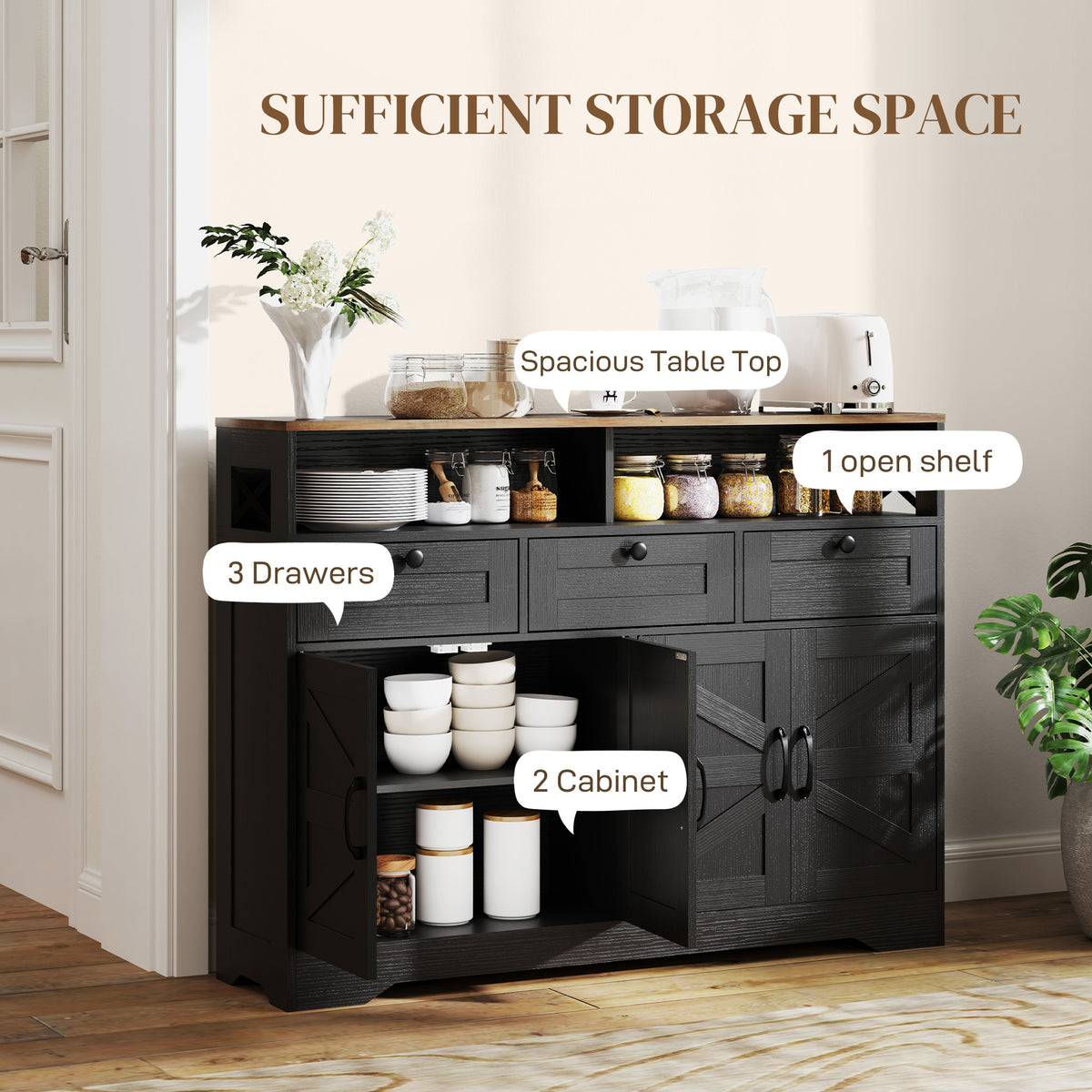 Buffet Cabinet with 4 Barn Doors and 3 Drawers – 47"W x 35"H