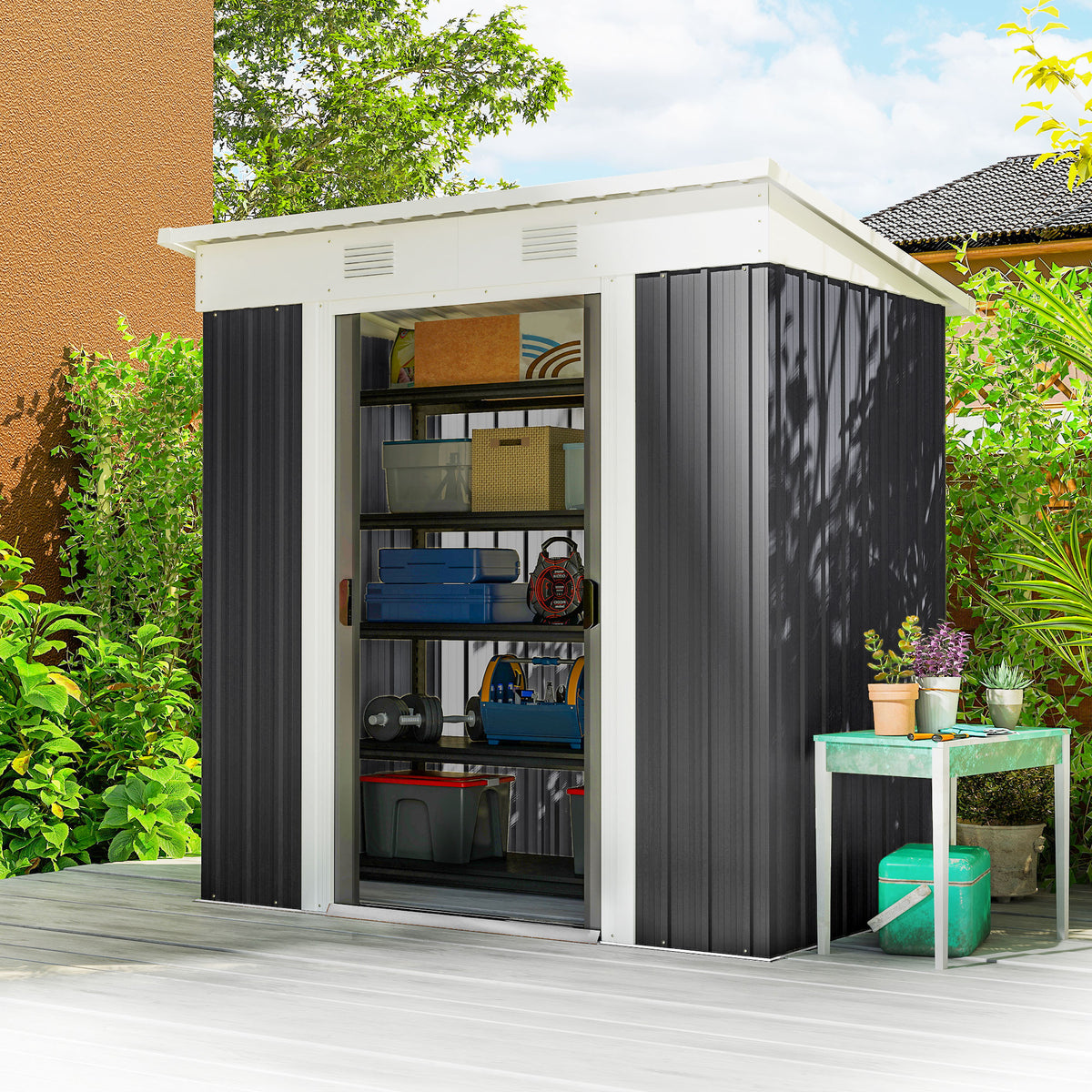 6' x 4' Outdoor Storage Shed, Metal Garden Shed with Lockable Sliding Doors and Vents – Charcoal Grey