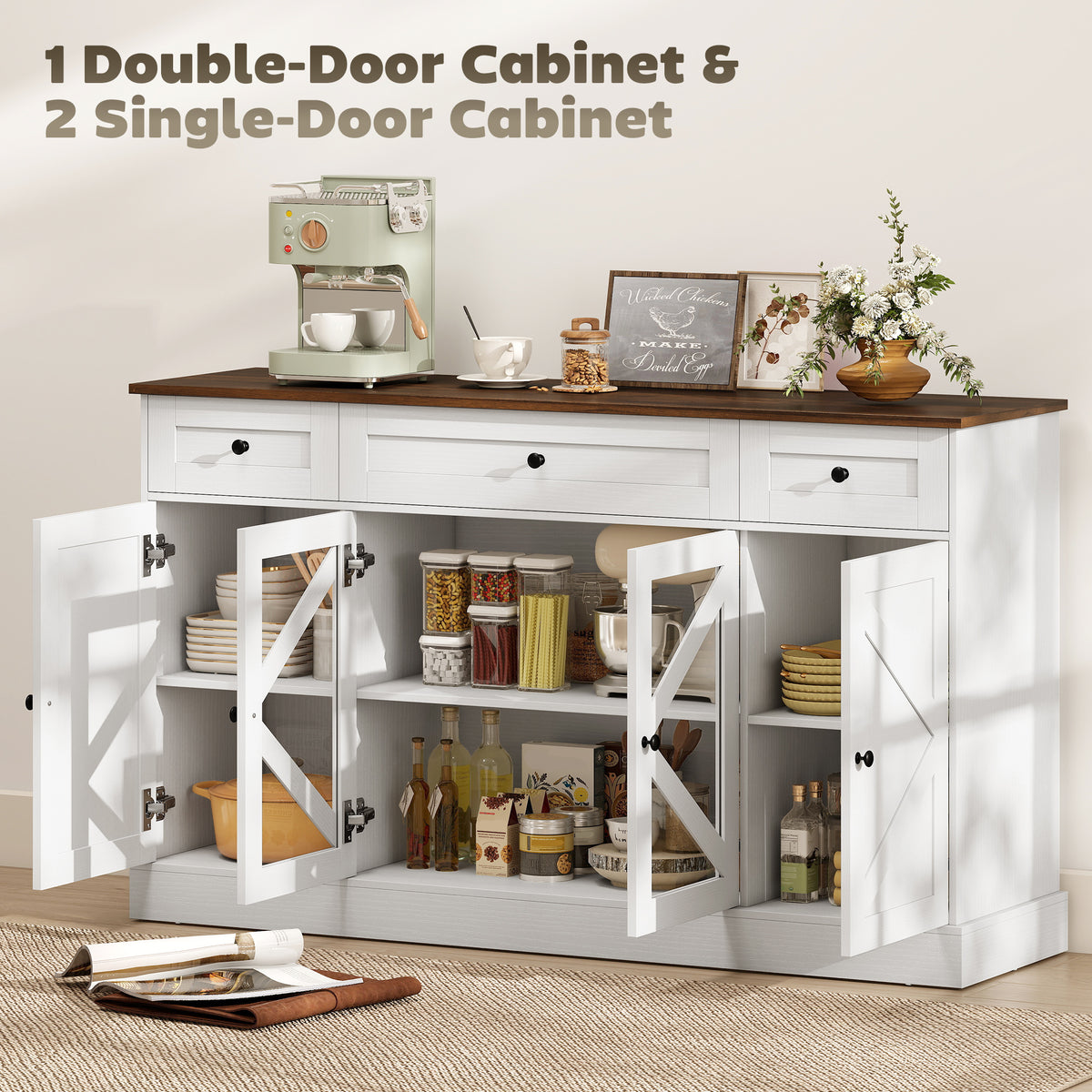 Farmhouse Kitchen Storage Cabinet with Acrylic Barn Doors and 3 Drawers – 54"W x 31"H
