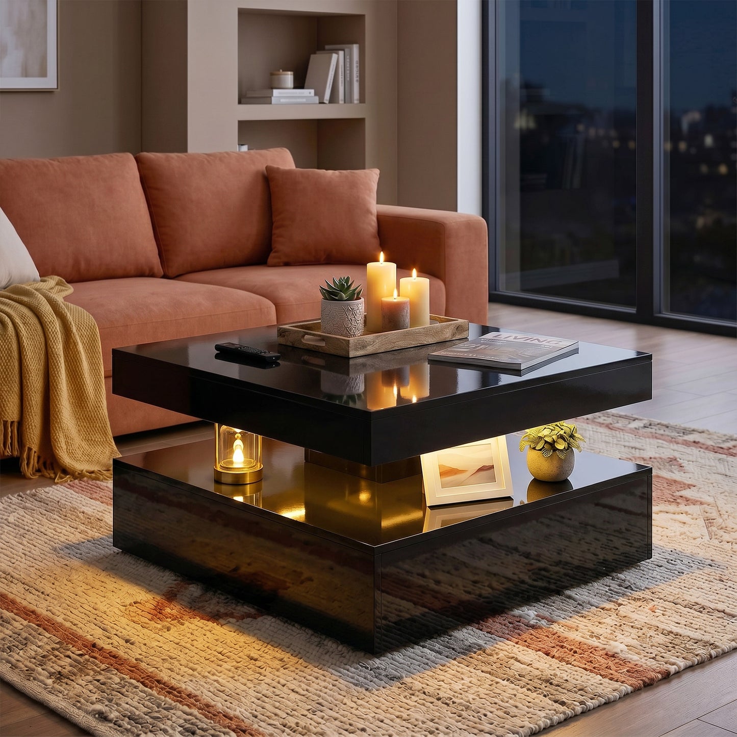 HOMCOM LED Coffee Table with Storage 2-Tier High Gloss Black