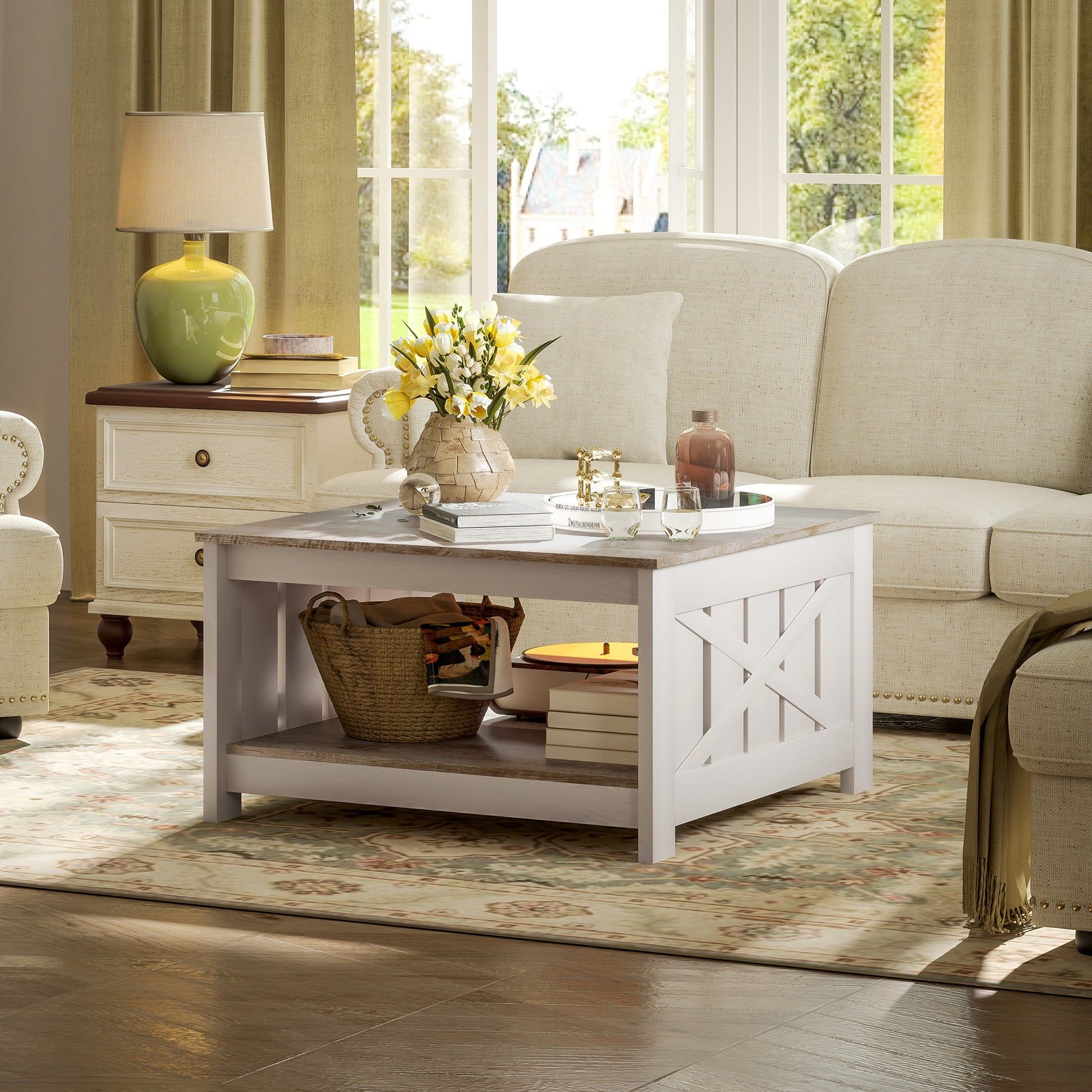 HOMCOM Farmhouse Square Coffee Table, 2-Tier Storage, Distressed Oak Brown Finish