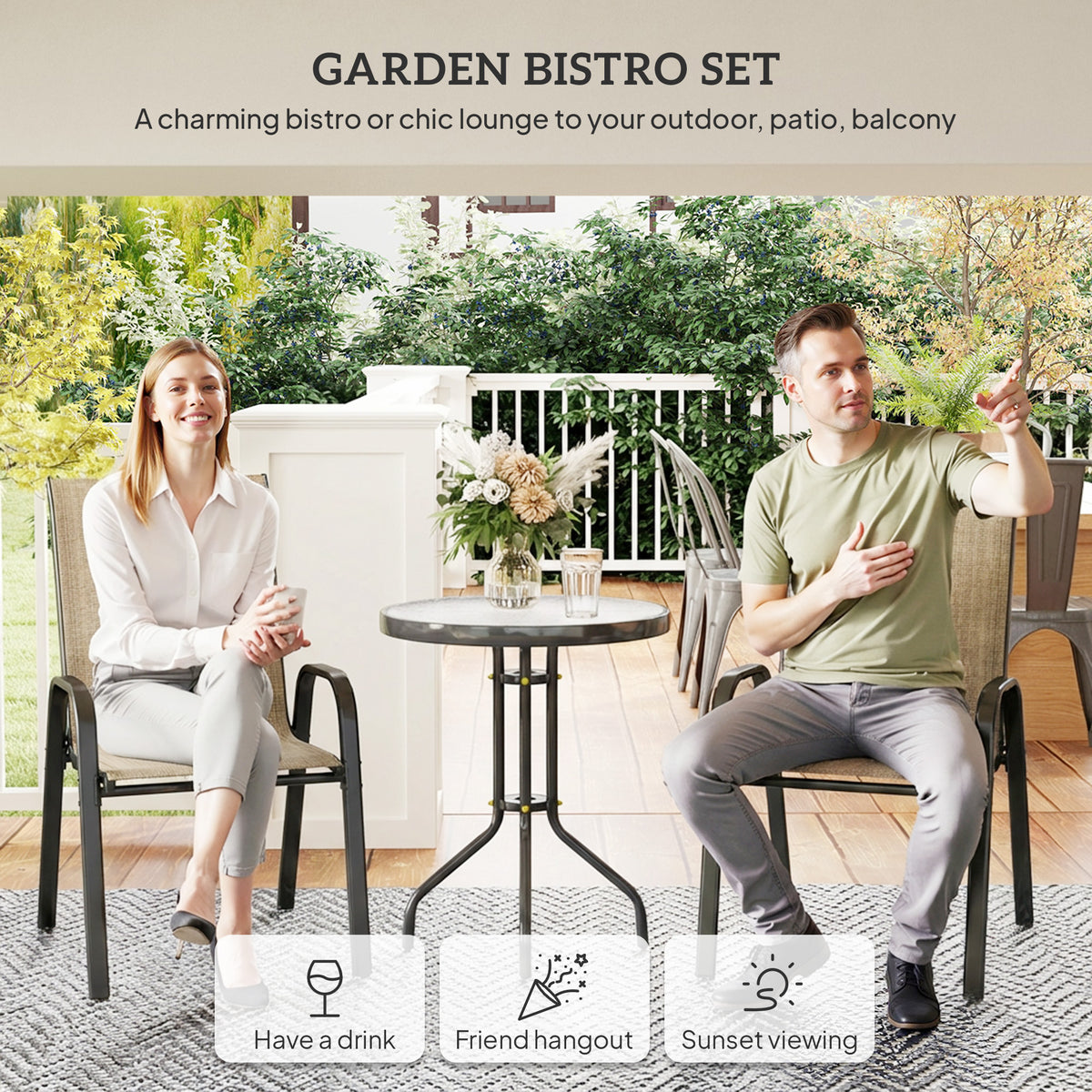 3 Pieces Bistro Set, Small Patio Furniture Set with Stackable Mesh Chairs, Glass Table for Garden, Balcony – Mixed Brown