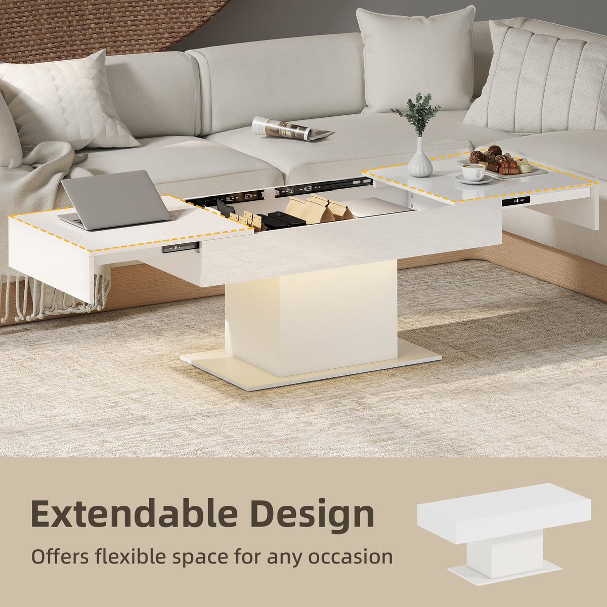 Extendable LED Coffee Table with Hidden Storage, High Gloss White