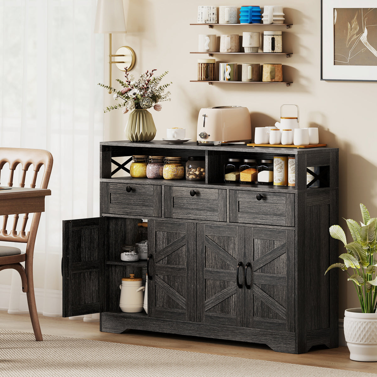 Buffet Cabinet with 4 Barn Doors and 3 Drawers – 47"W x 35"H