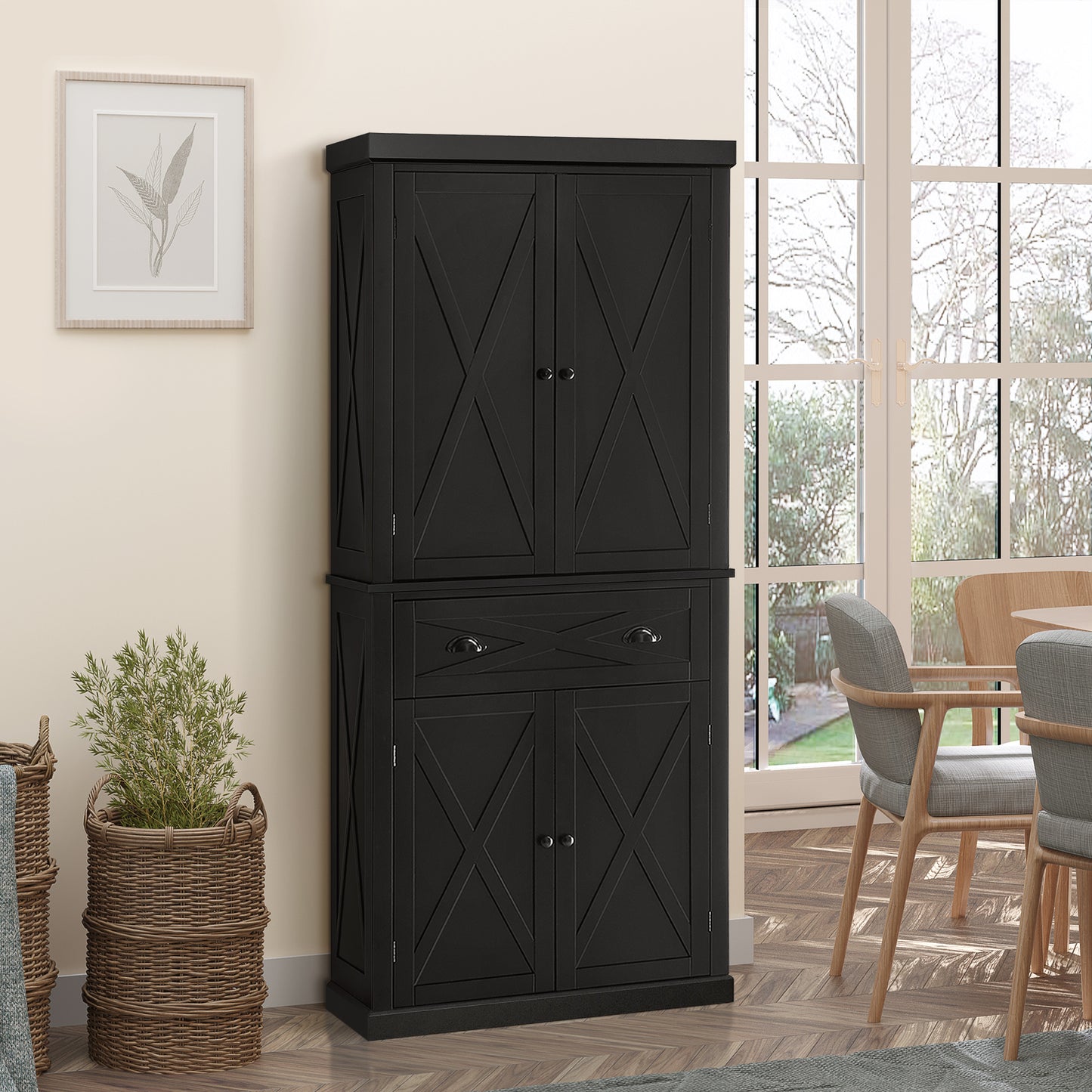 HOMCOM 72.5" Kitchen Pantry Cabinet 4 Doors Drawer Black