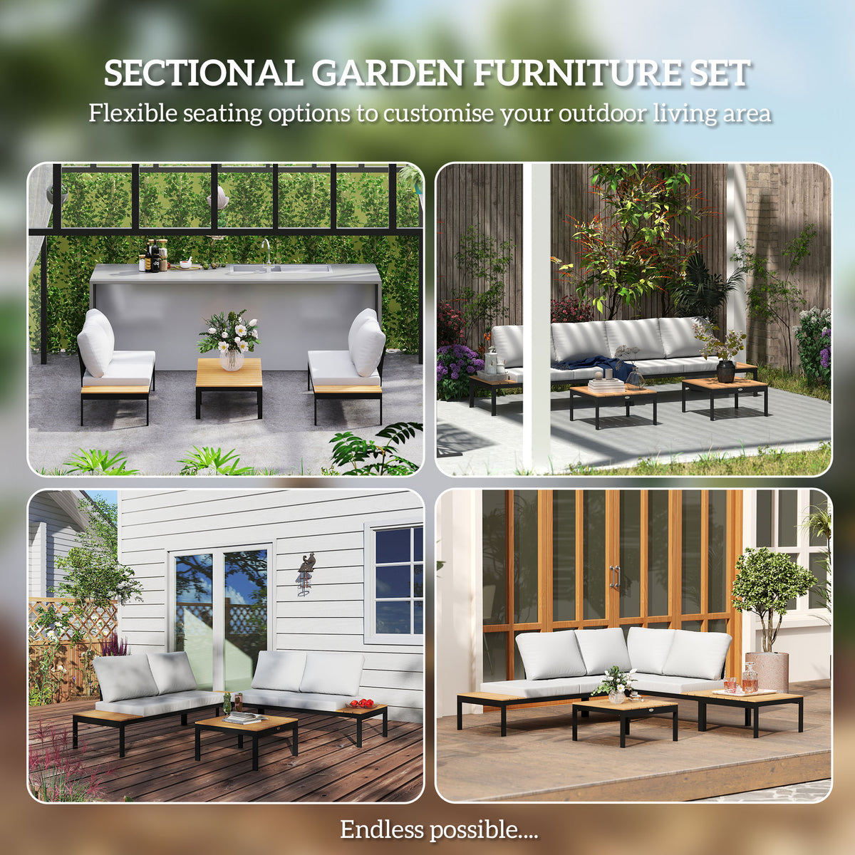 4 Piece L Shaped Garden Furniture Set, 4 Seater Outdoor Corner Garden Set, 2 Loveseats, 2 Coffee Tables