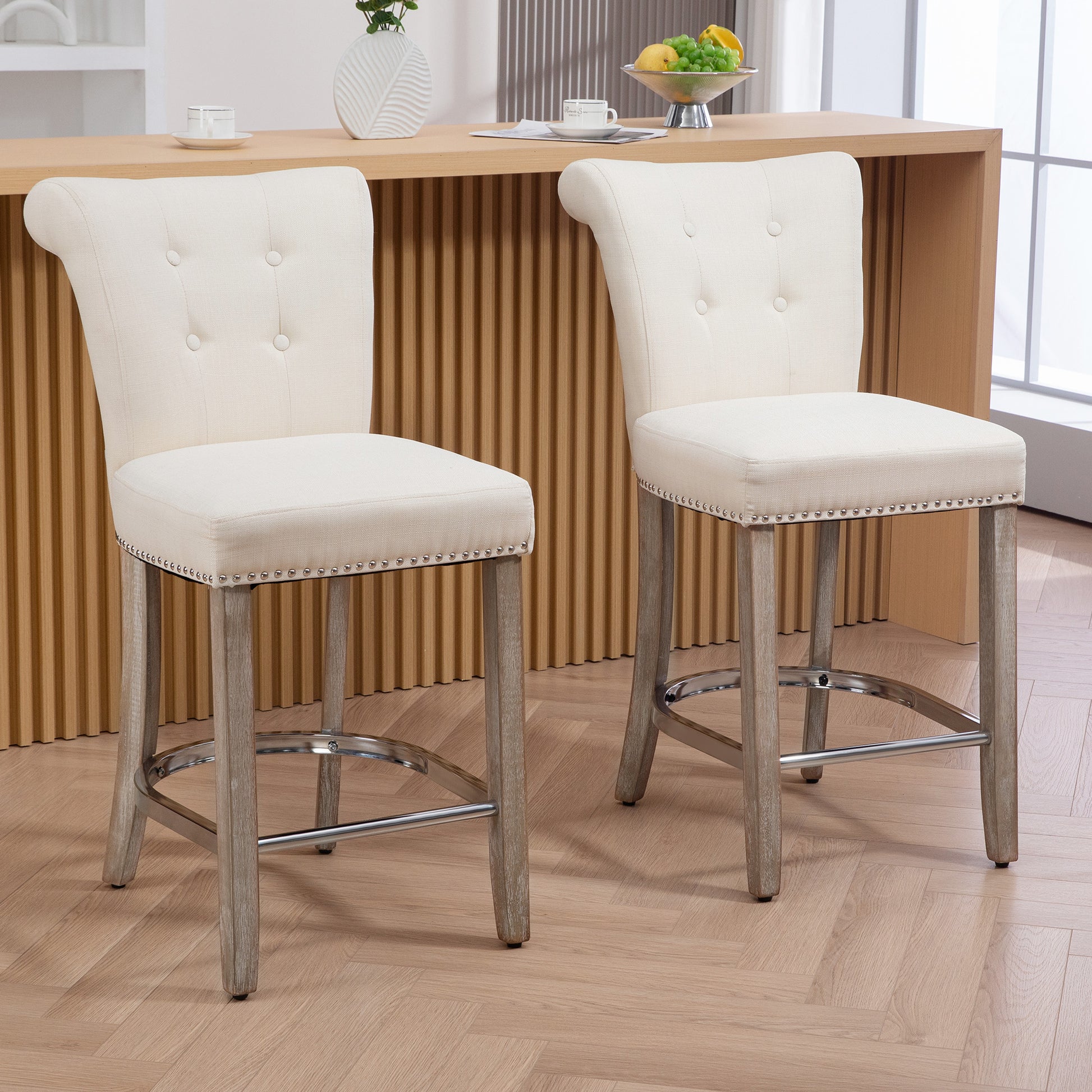 HOMCOM Set of Two Cream White Upholstered Counter Height Bar Stools