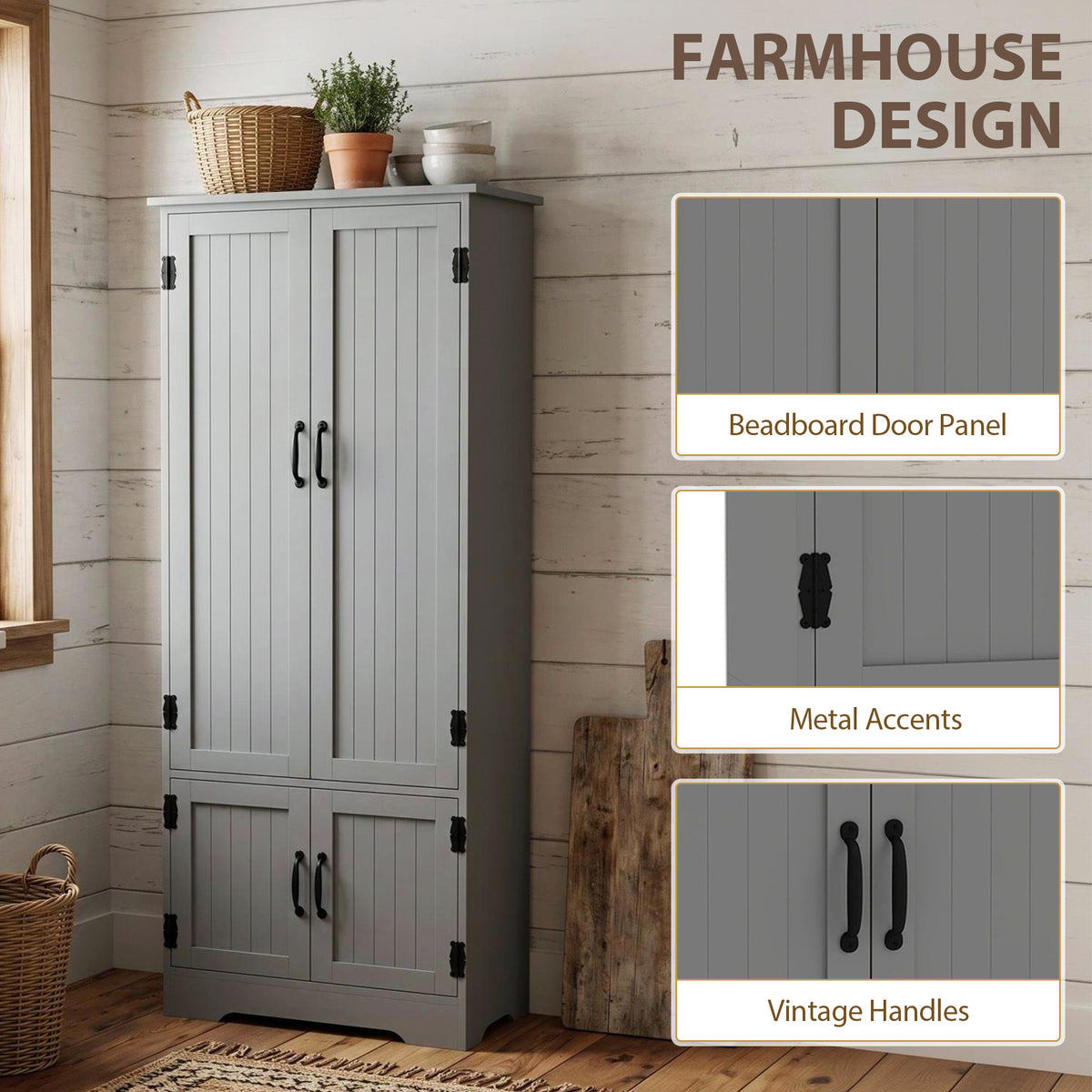 4-Door Pantry Storage Cabinet with Adjustable Shelves – 24"W x 60"H