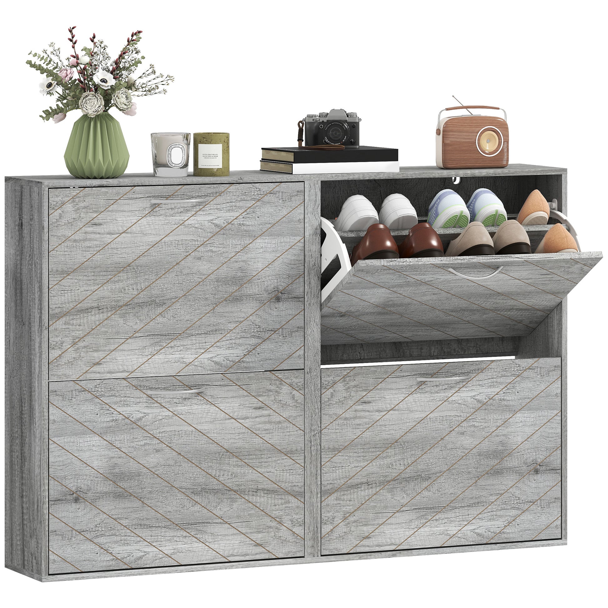 HOMCOM Slim Grey 4-Drawer Flip Shoe Cabinet 12 Pair Entryway Organizer