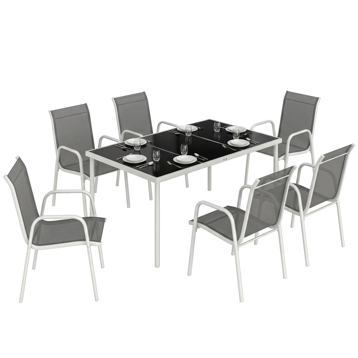 7 Piece Garden Dining Set, Garden Furniture Set with Rectangle Table and 6 Stackable Chairs – Grey, White, Black