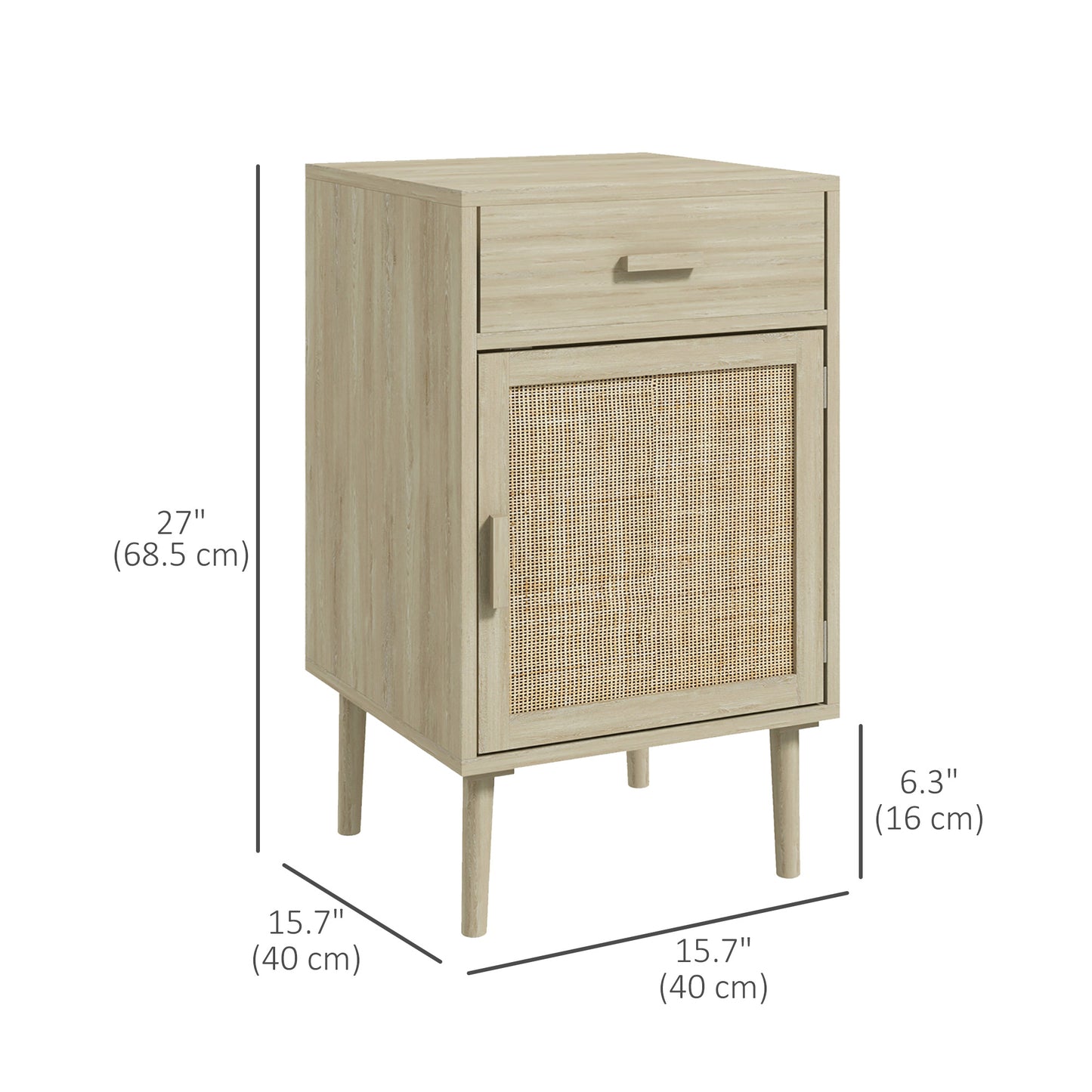 Boho Rattan Bedside Tables Set of 2 with Drawer, Adjustable Shelf, Oak Finish