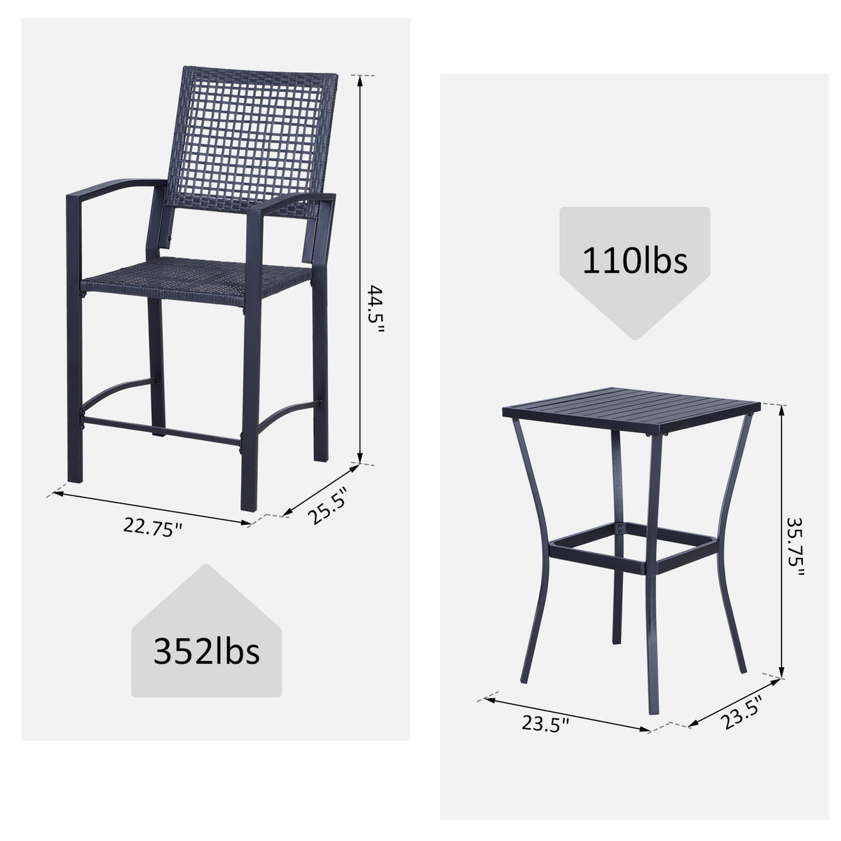3 Pieces Outdoor Wicker Bar Set, Classic Bistro Bar Set Garden Rattan Style Patio Bar Table & High Chairs w/ Cushions Home Bar Furniture