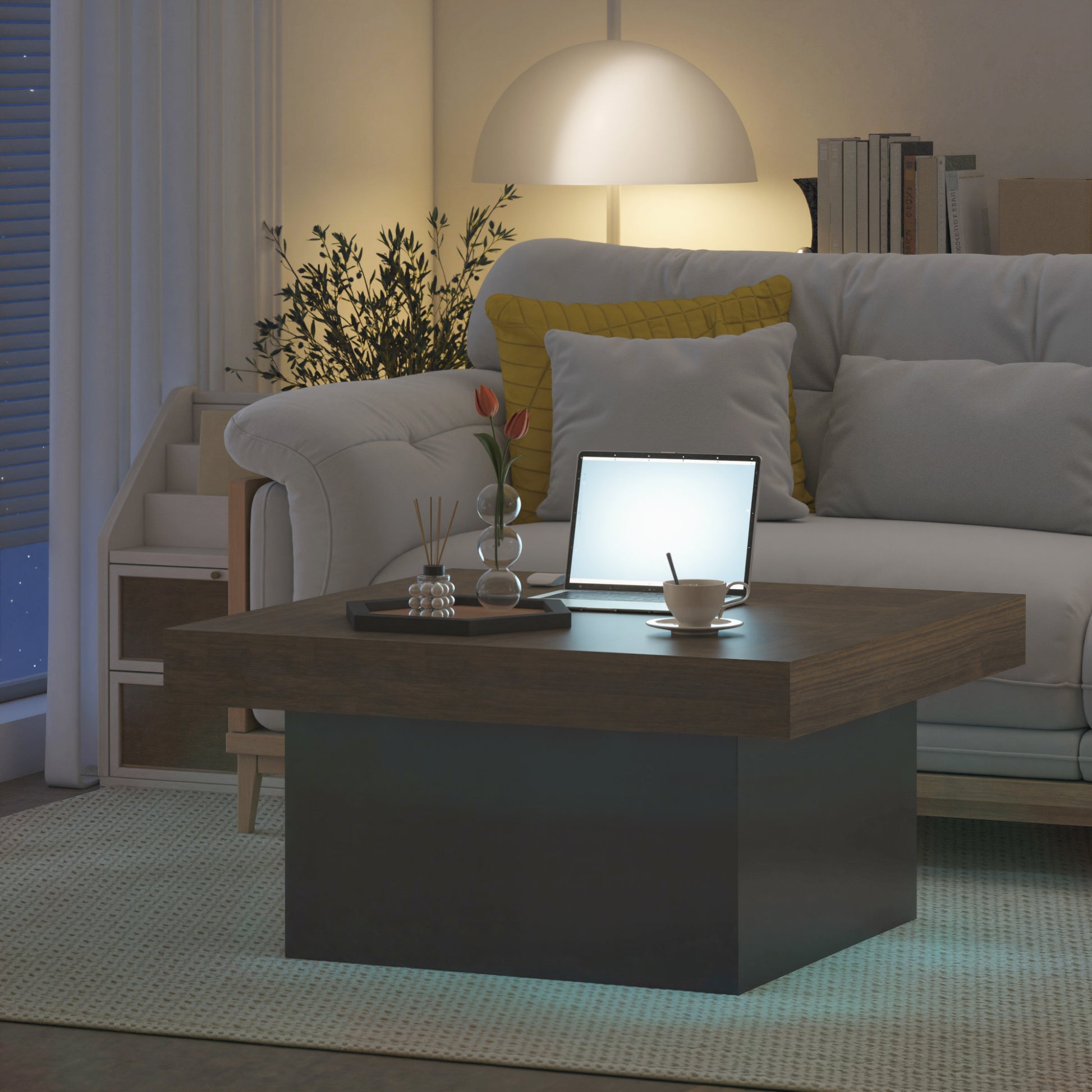 HOMCOM Modern Square Coffee Table with RGB LED Lights, Walnut Finish