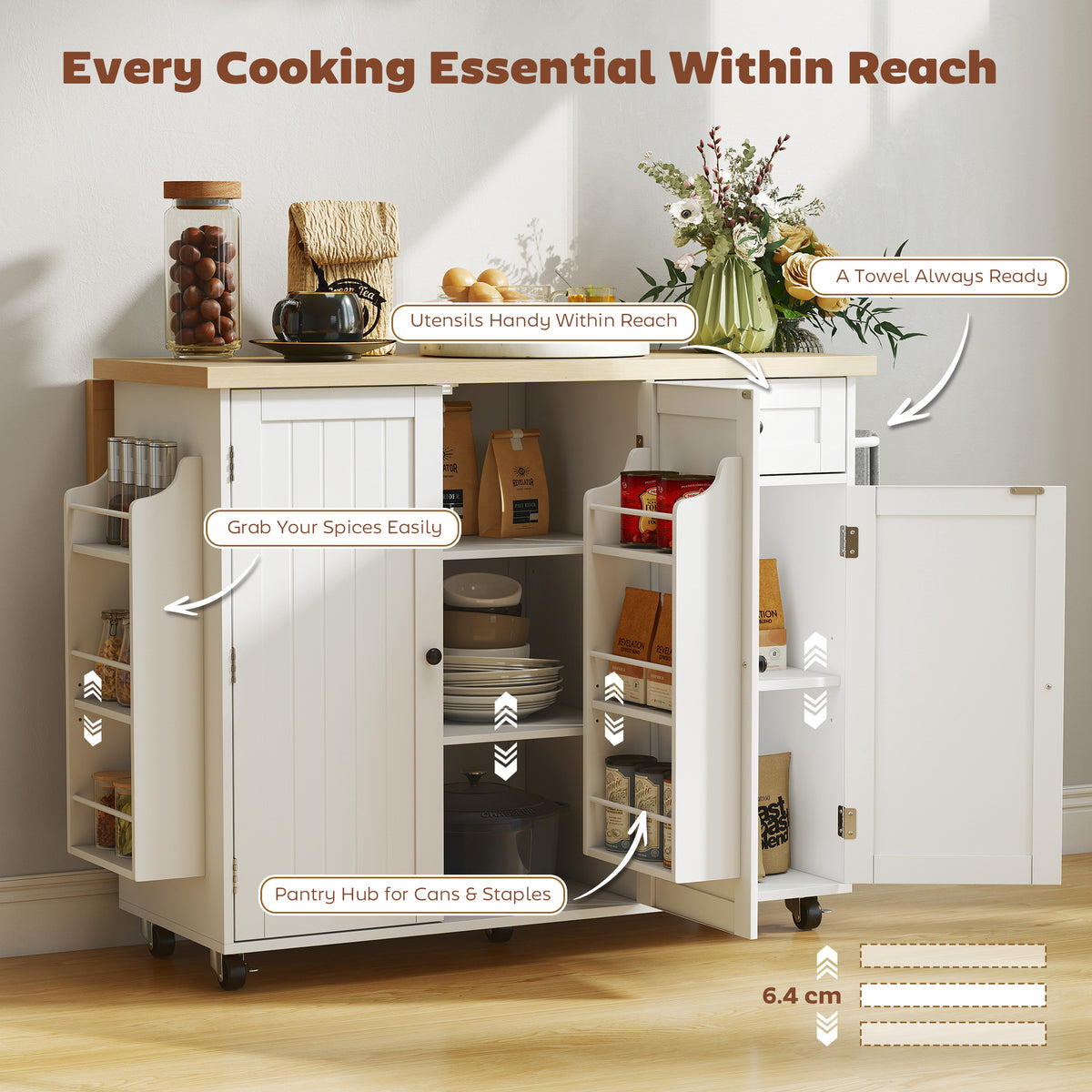 Rolling Kitchen Island Table with Drop Leaf – 49"W x 36"H