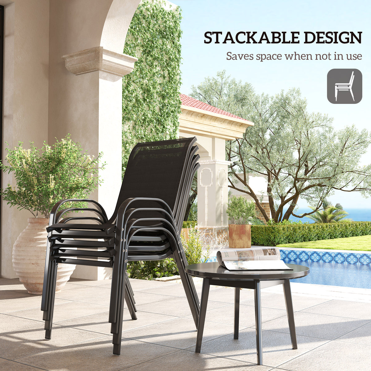 Set of 4 Outdoor Dining Chairs, Stackable Lawn Chairs with High Back, Breathable Mesh Seat for Garden Porch – Black