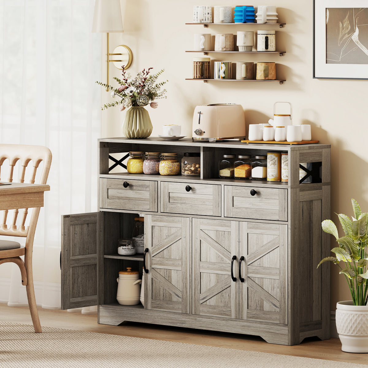 Buffet Cabinet with 4 Barn Doors and 3 Drawers – 47"W x 35"H