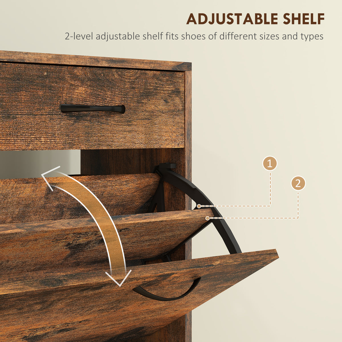 Narrow Shoe Storage with 2 Flip Drawers and Adjustable Shelves – 32"W x 36"H