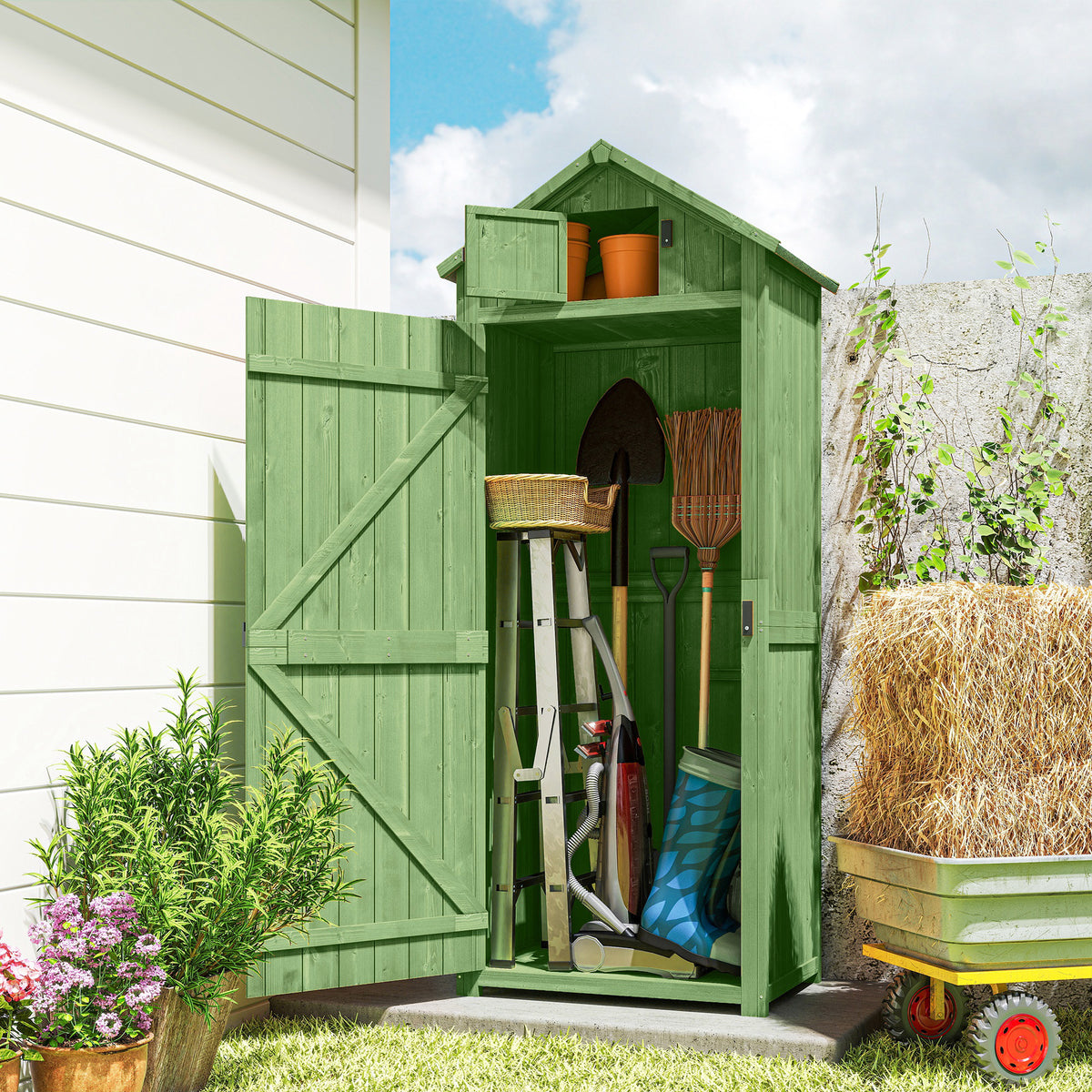 30" x 21" x 71" Garden Storage Shed, Outdoor Tool Utility Storage House with 3 Tier Shelves and Roof – Green