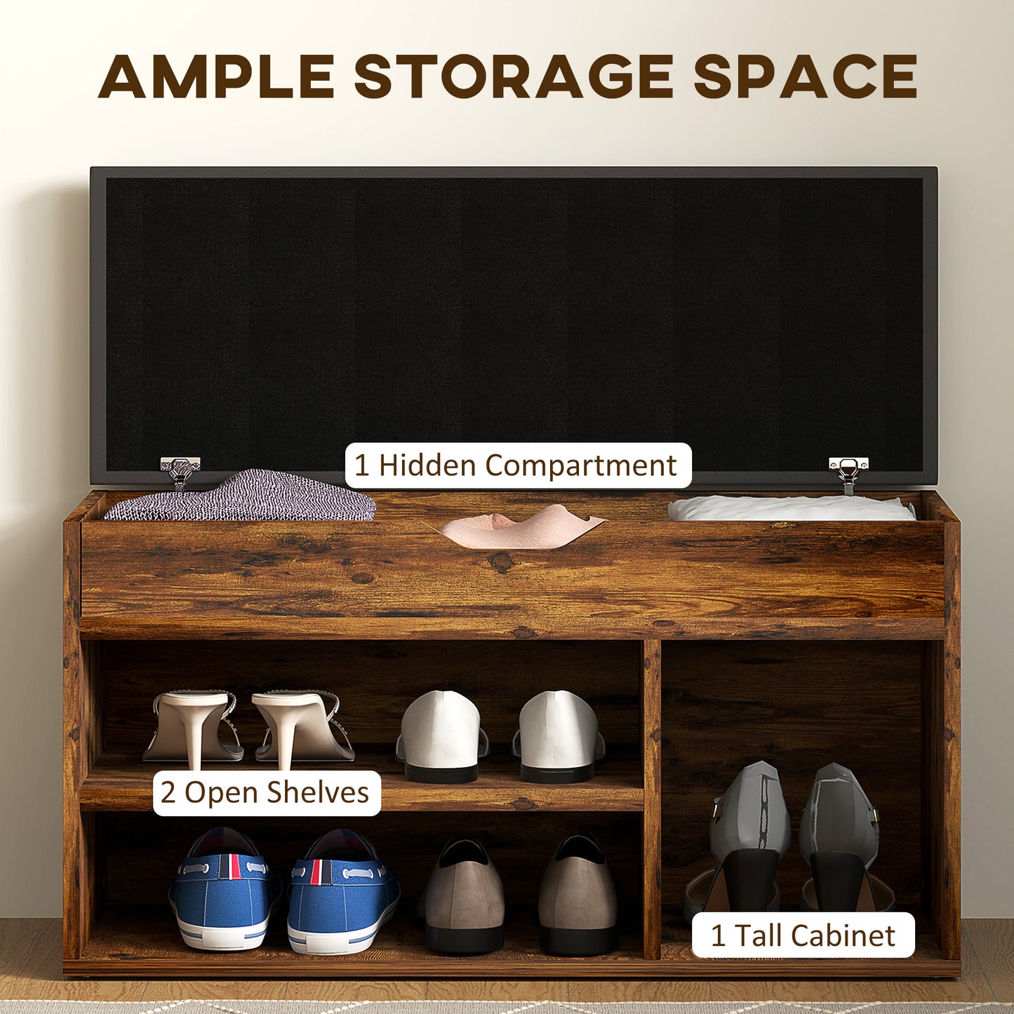 HOMCOM Rustic Brown Entryway Shoe Bench Padded Seat, Hidden Storage & 3-Tier Rack