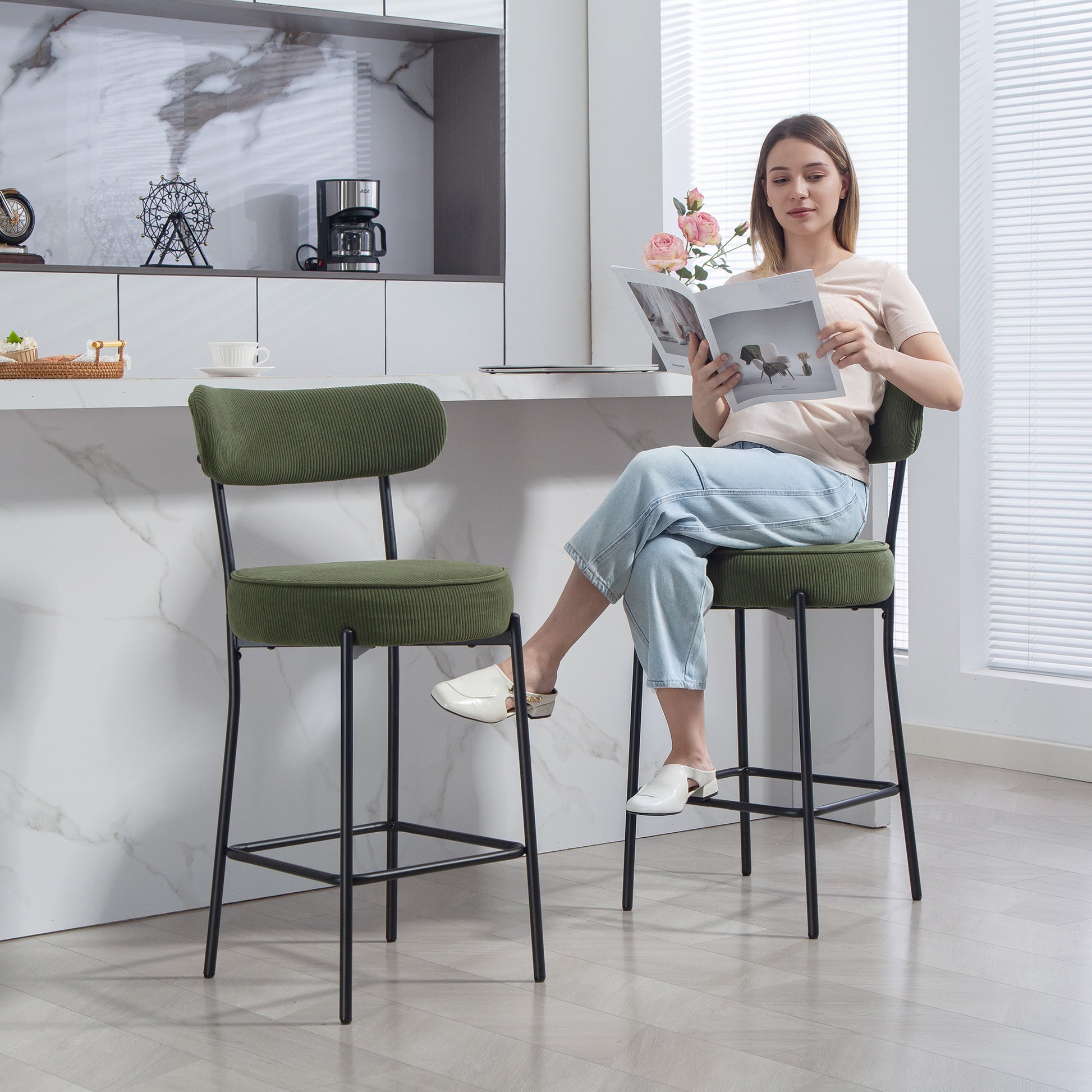 HOMCOM Set of 2 Green Corduroy Bar Stools with Backrest, Footrest