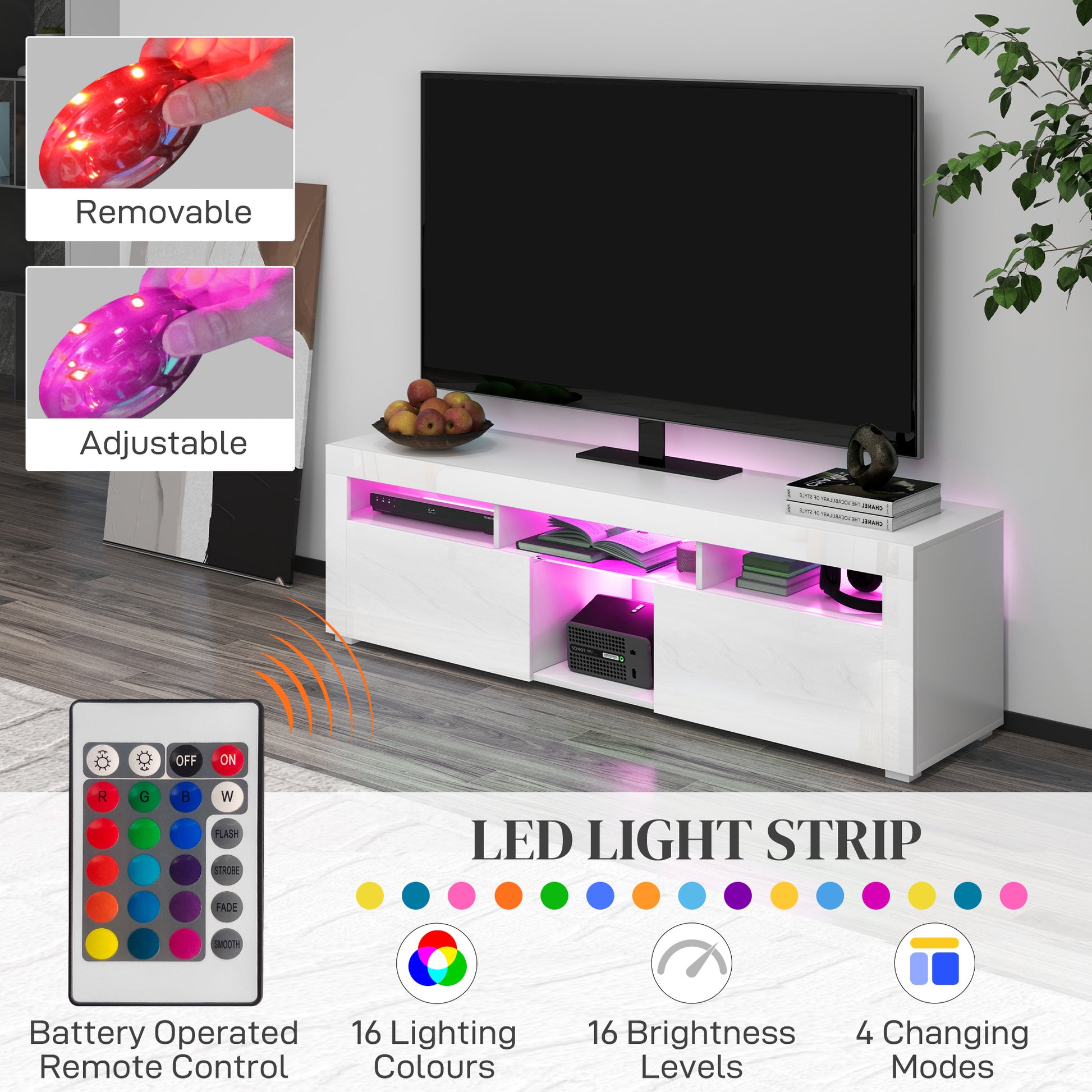 HOMCOM Modern White TV Stand with LED Lights, Storage, Open Compartments