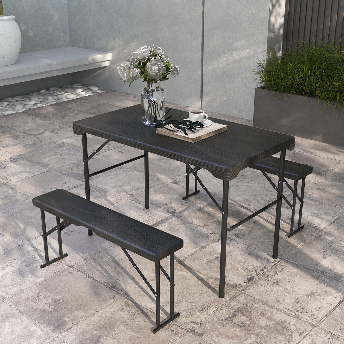 Folding Picnic Table with 2 Benches, 3-Piece Portable Outdoor Picnic Table Bench Set for 4, Patio Dining Table Set with Plastic Top, Steel Frame for Garden