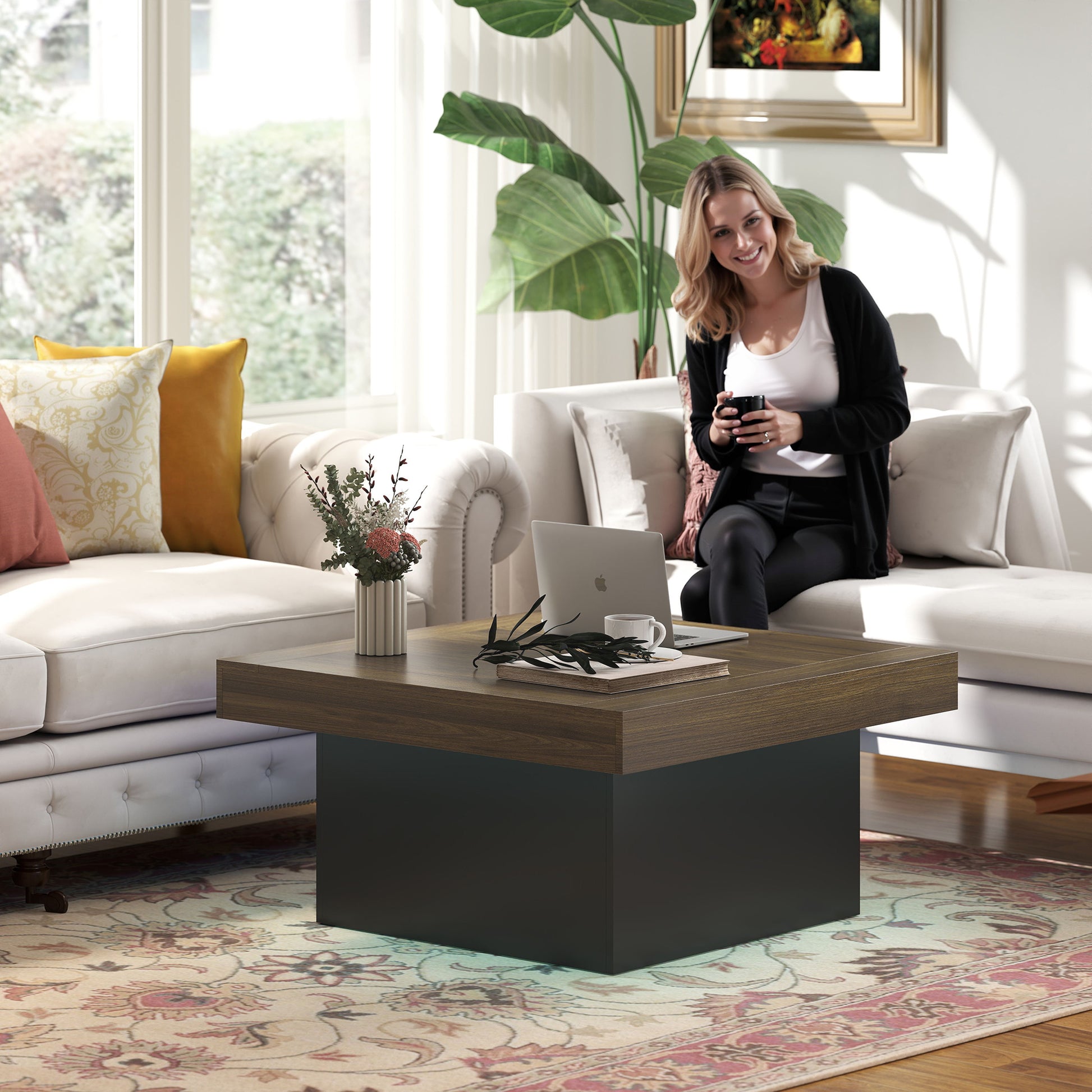 HOMCOM Modern Square Coffee Table with RGB LED Lights, Walnut Finish