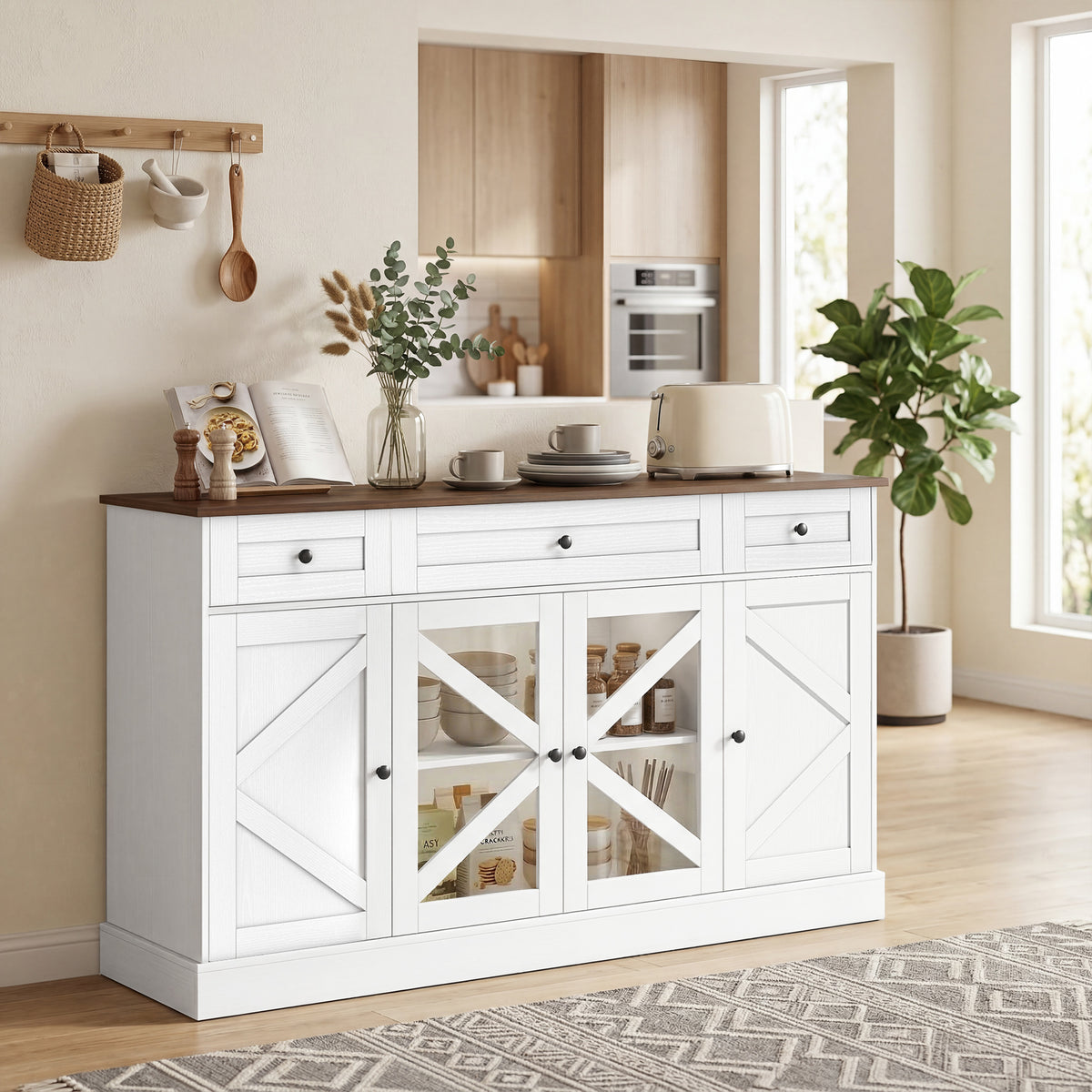 Farmhouse Kitchen Storage Cabinet with Acrylic Barn Doors and 3 Drawers – 54"W x 31"H