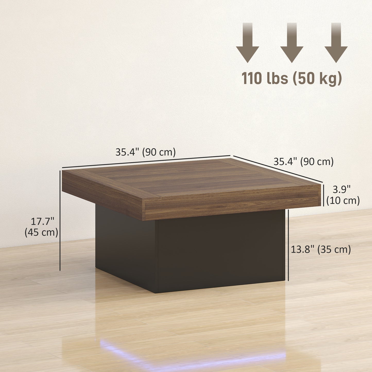 HOMCOM Square Coffee Table with 16-Colour LED Lights, Walnut, 35-Inch