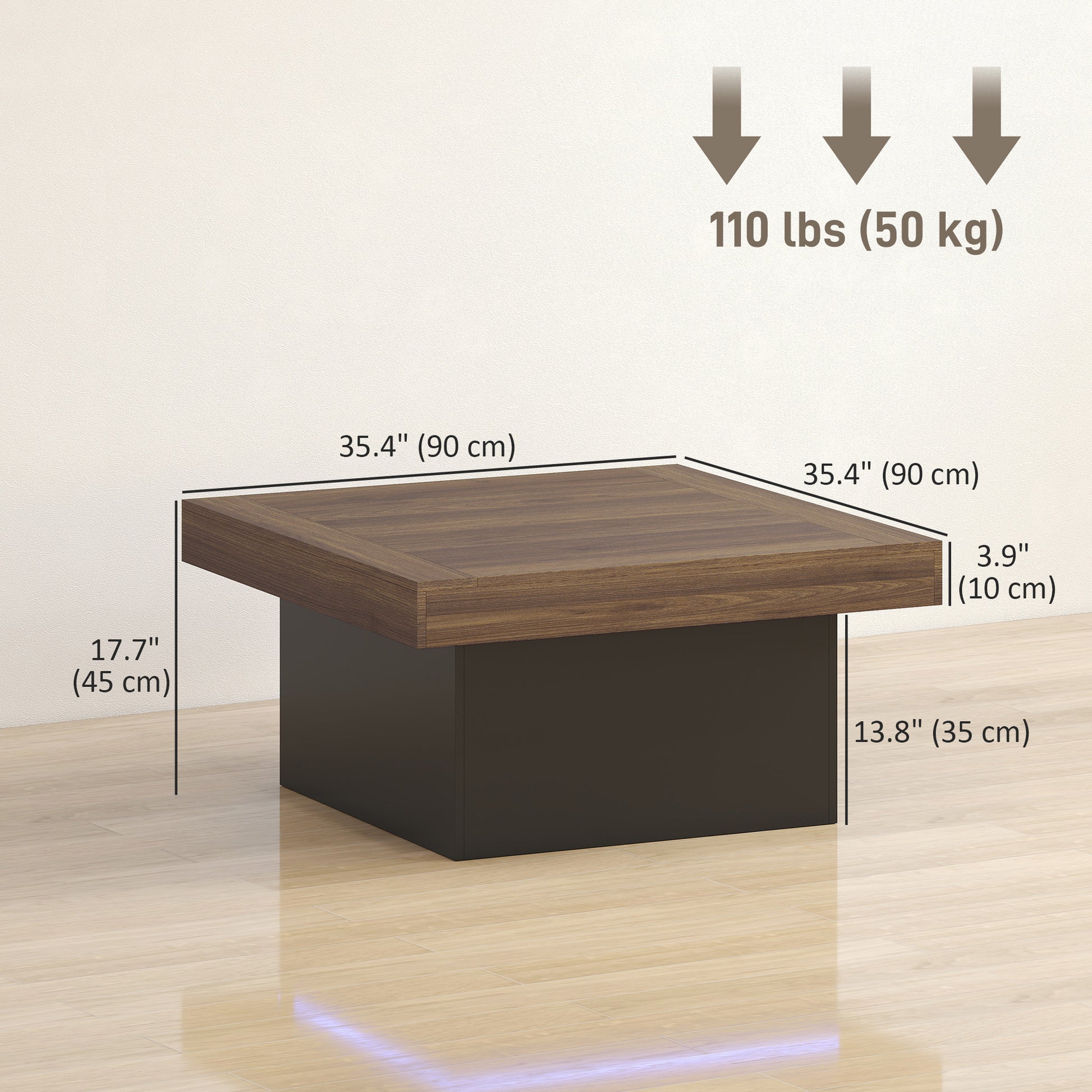 HOMCOM Square Coffee Table with 16-Colour LED Lights, Walnut, 35-Inch
