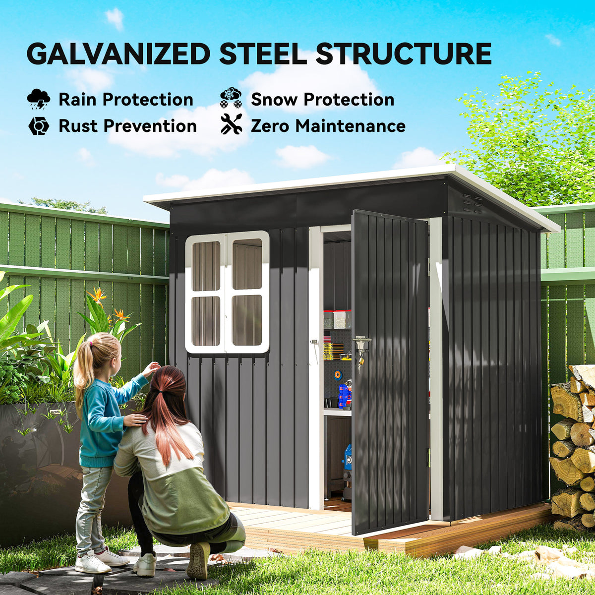 7' x 4' Galvanised Steel Outdoor Storage Shed, Garden Shed with Window, Lockable Wide Door and Air Vents – 83.1" W x 52.4" D x 68.1" /74.8" H