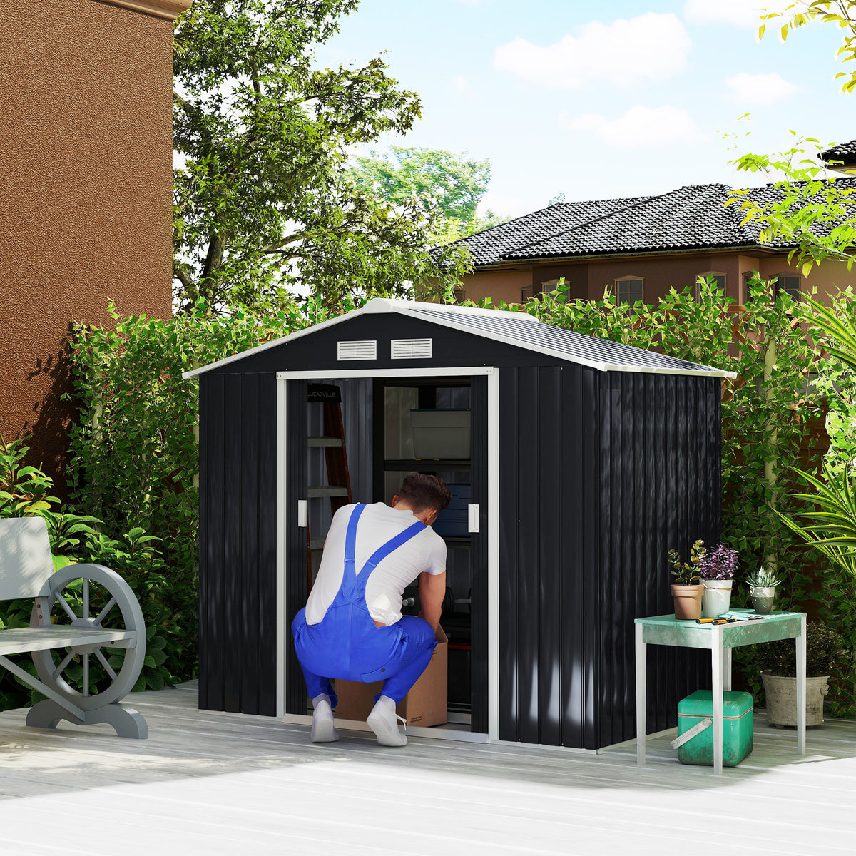 7'x 4'x 6' Garden Tool Shed Metal Storage Shed w/ Foundation Kit, Vents and Double Doors – Dark Grey