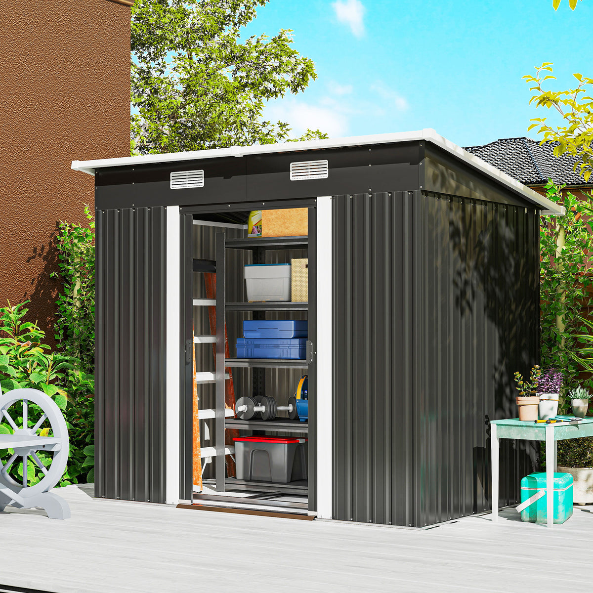 7'x 4' Metal Patio Storage Shed Garden Lockable Shed Tool Utility Storage Unit – 79.9" L x 51.2" W x 71.7" H – Black