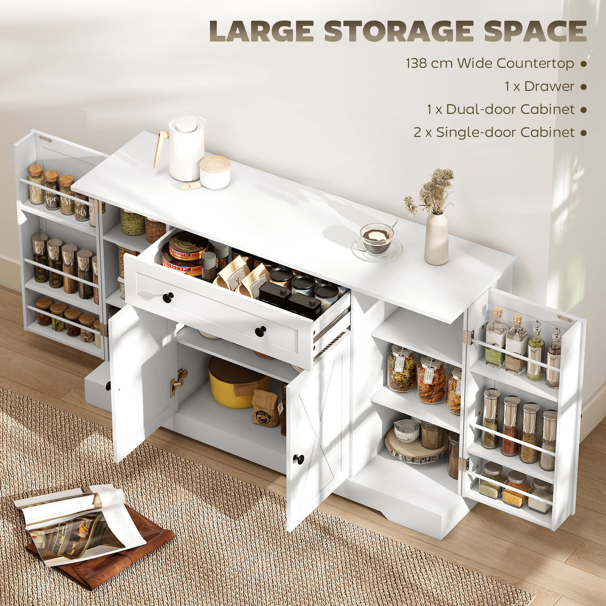 Farmhouse Sideboard with Barn Doors and Door Shelves – 54"W x 33"H