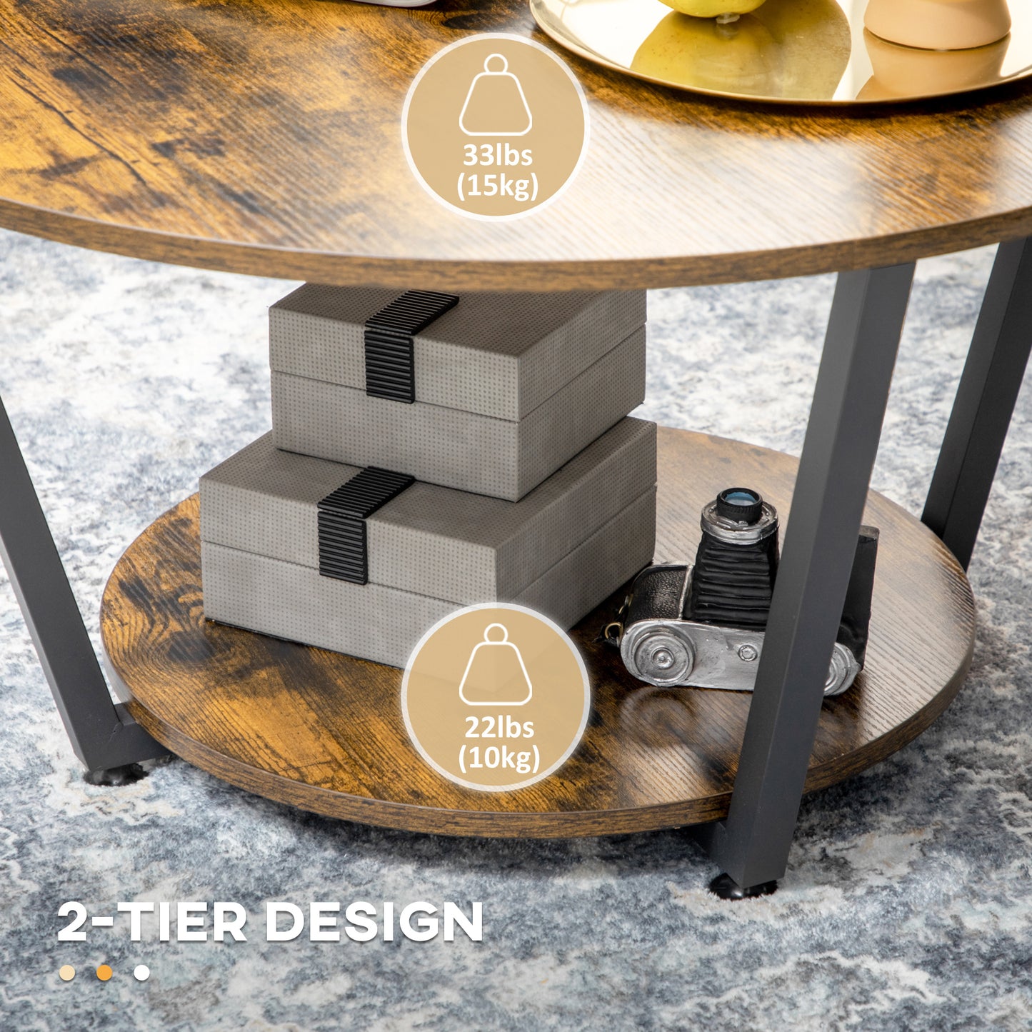 HOMCOM Round Industrial Coffee Table with Storage Shelf, Steel Frame, Rustic Brown