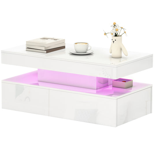HOMCOM Modern High Gloss White LED Coffee Table with Two Drawers Storage