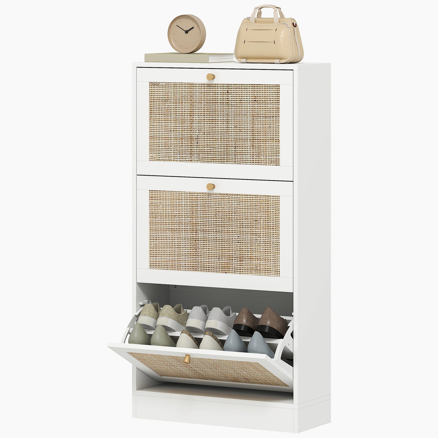 HOMCOM White Rattan Entryway Shoe Cabinet, 3 Flip Drawers, Adjustable Shelves