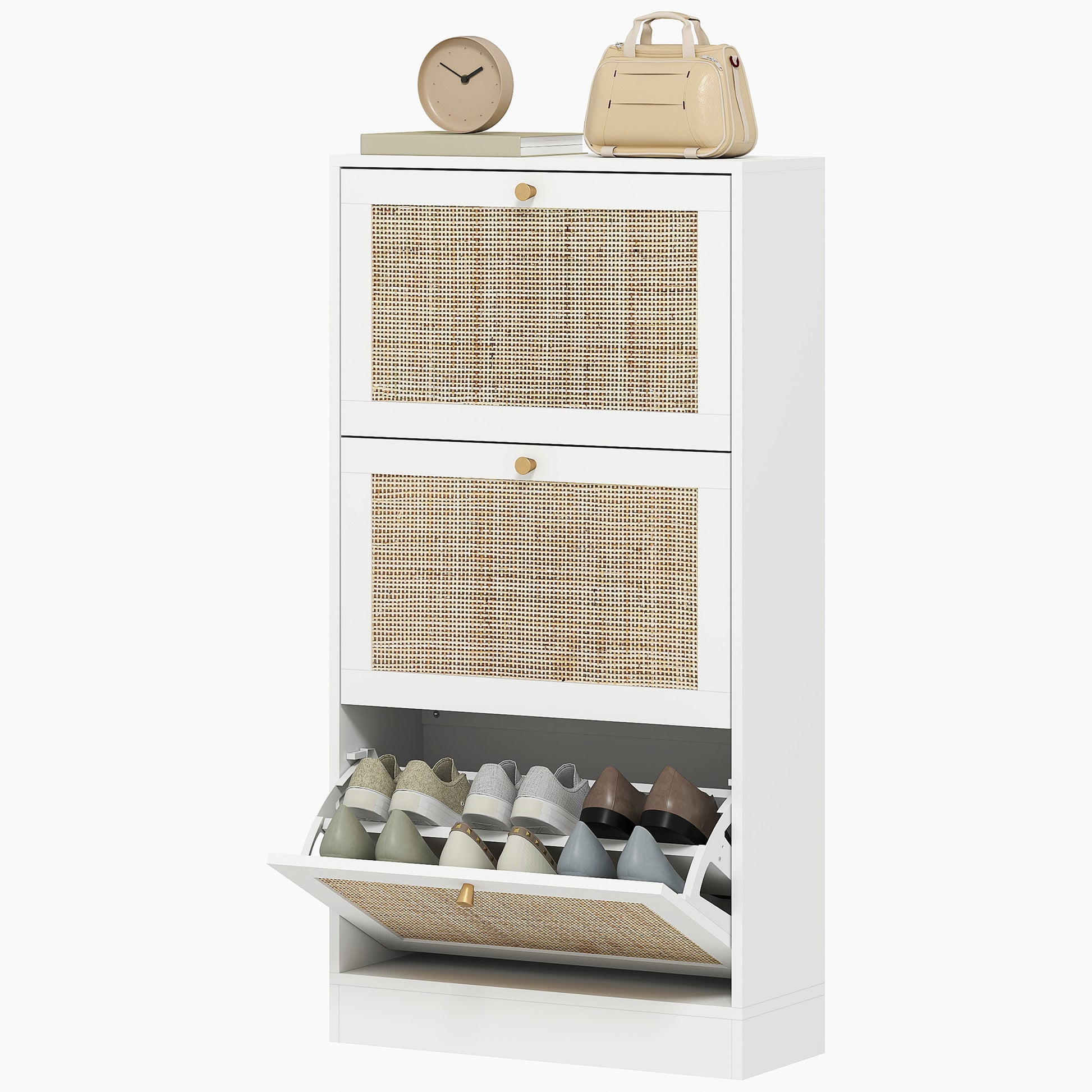 HOMCOM White Rattan Entryway Shoe Cabinet, 3 Flip Drawers, Adjustable Shelves