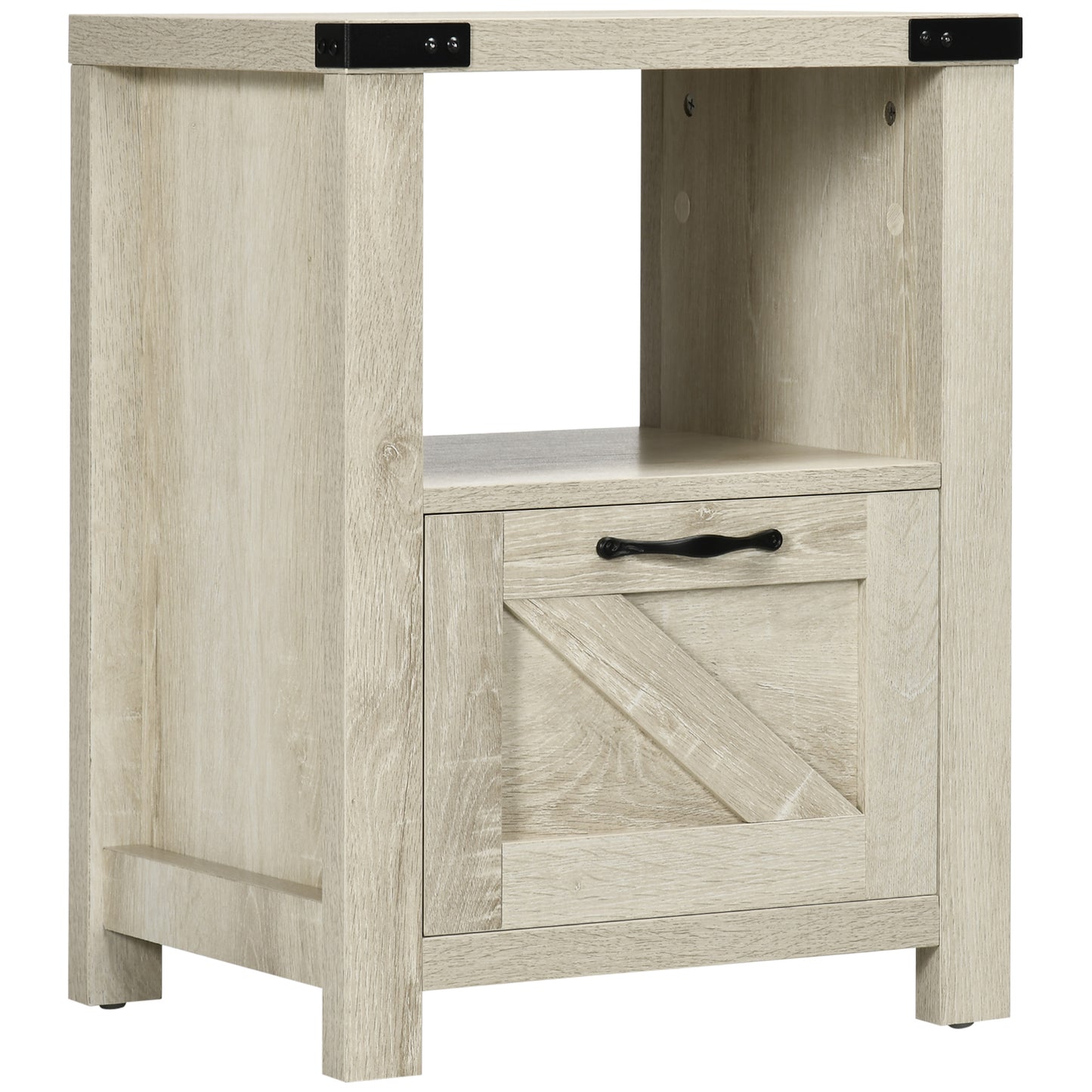 HOMCOM Farmhouse Side End Table with Drawer, Open Shelf & Barn-Style Panel