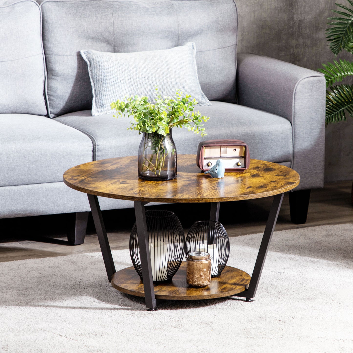 HOMCOM Round Industrial Coffee Table with Storage Shelf, Steel Frame, Rustic Brown