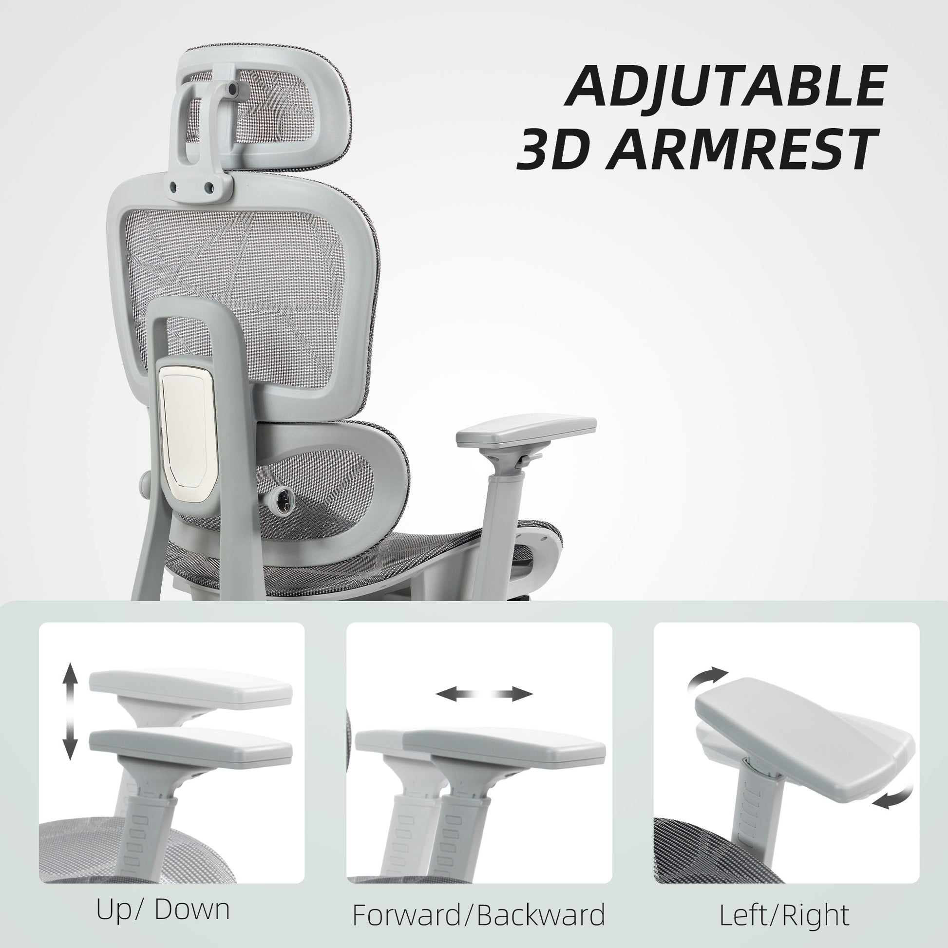 HOMCOM Grey Ergonomic Mesh Office Chair: High Back, 3D Armrests, Lumbar Support, Reclining