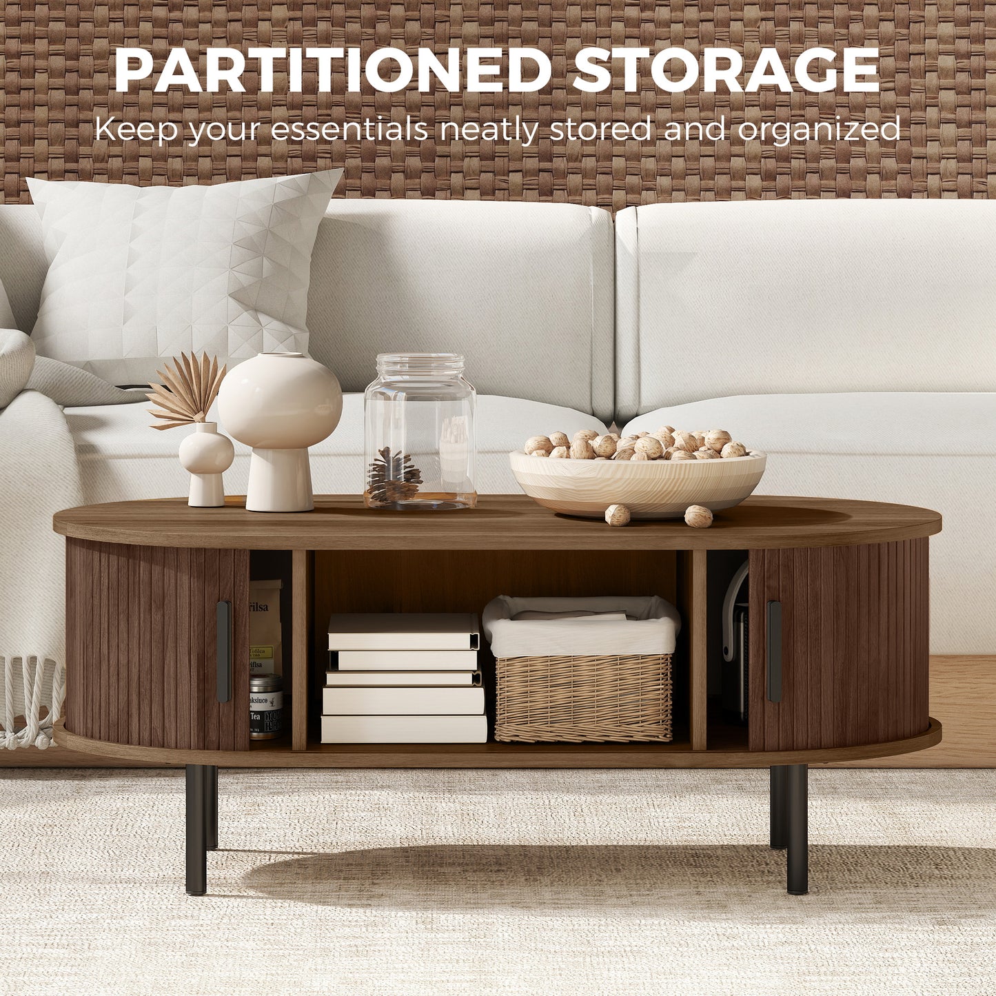 HOMCOM Coffee Table With Sliding Tambour Doors And Storage Center, 39" Brown