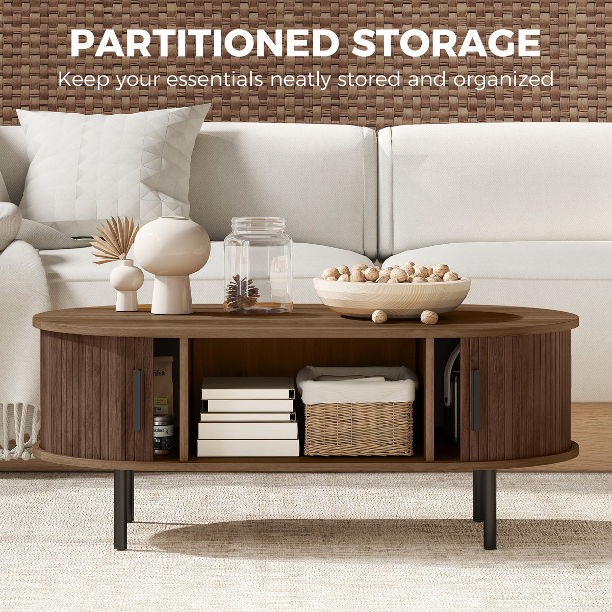 Coffee Table with Sliding Tambour Doors, 39" Brown