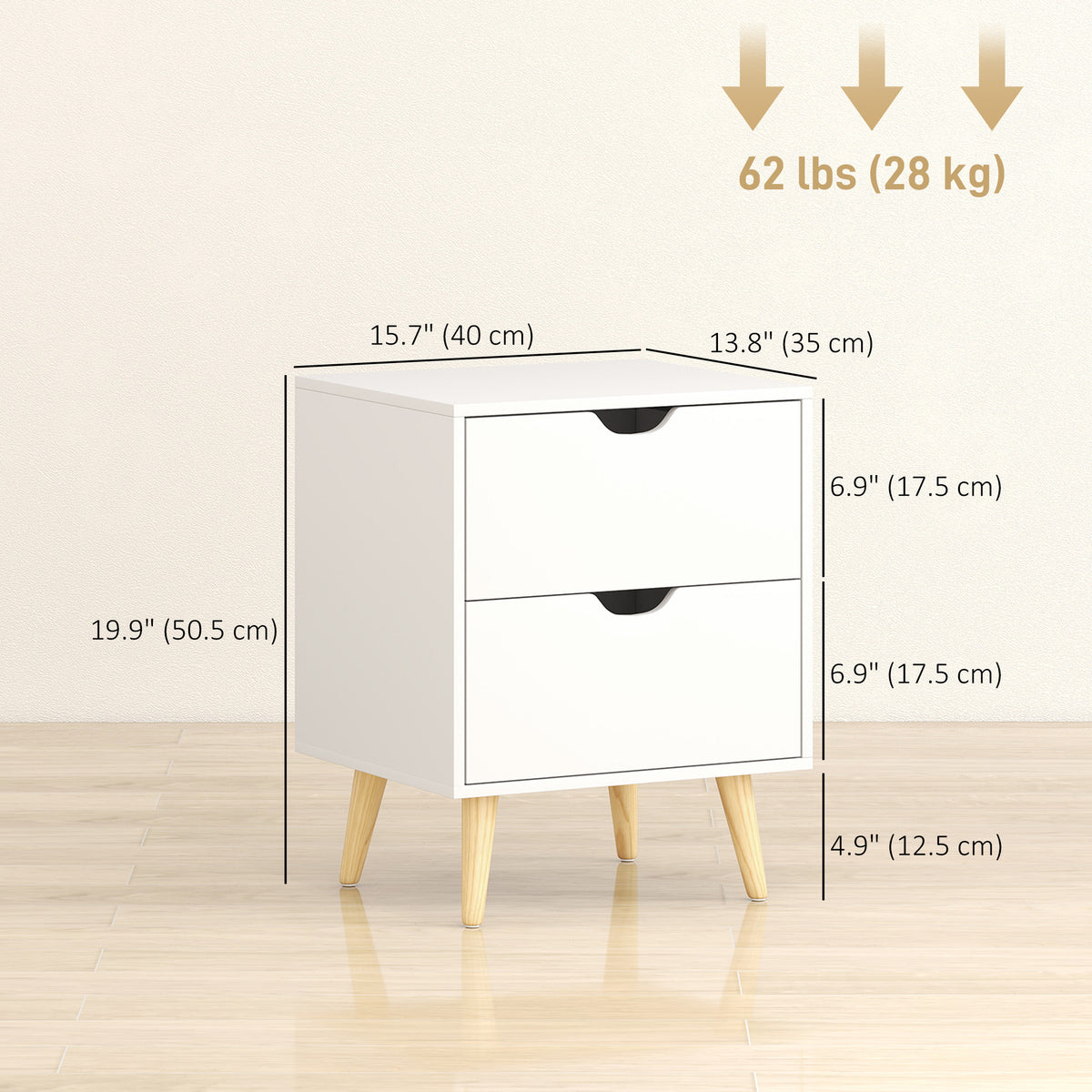 2-Drawer Nightstands with Pine Wood Legs, Set of 2 – 16"W x 20"H