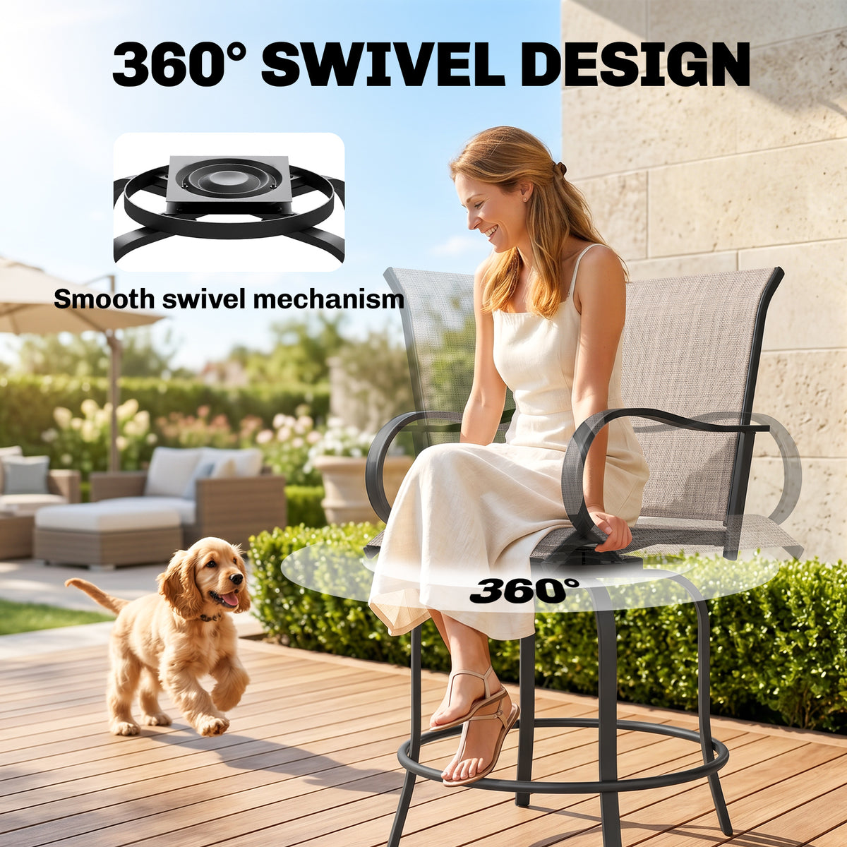 Outdoor Bar Stools Set of 2, 360° Swivel Bar Height Chairs, 26.8" x 29.5" x 48.4", Tan – Tan