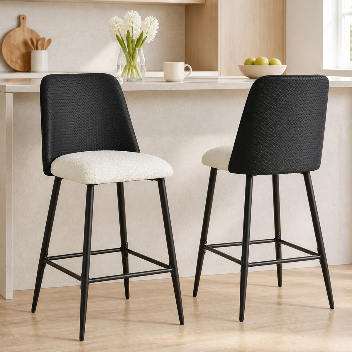 Two-Tone 26" Counter Stools with Woven PU Backrest, Set of 2, Black