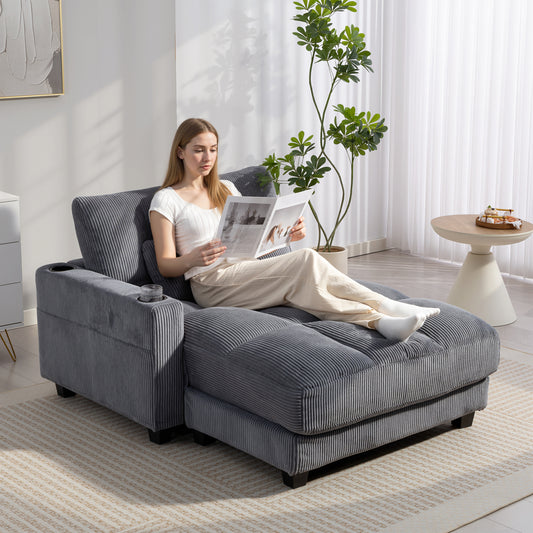 58" Corduroy Chaise Lounge Sofa Bed with Cup Holders