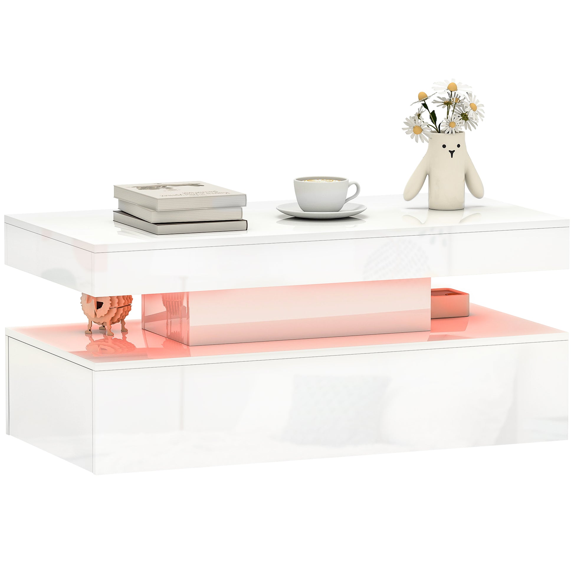 HOMCOM Modern High Gloss White LED Coffee Table with Two Drawers Storage