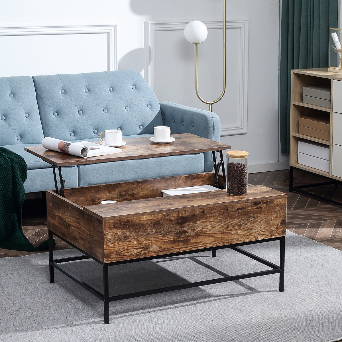 Lift-Top Coffee Table with Hidden Storage and Steel Legs, Rustic Brown